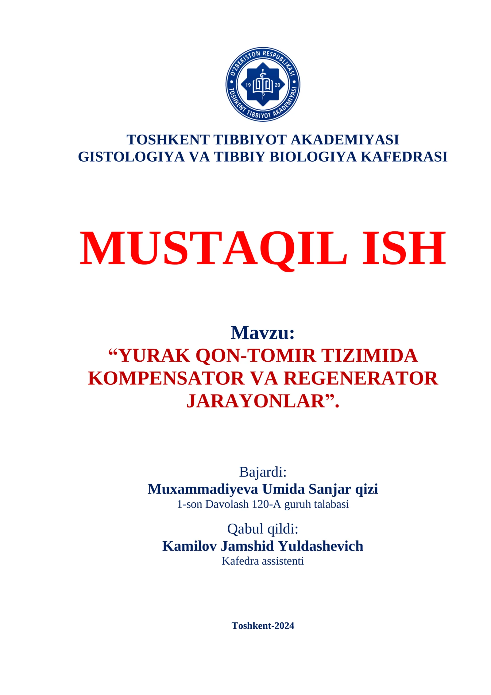 YURAK QON-TOMIR TIZIMIDA KOMPENSATOR VA REGENERATOR JARAYONLAR