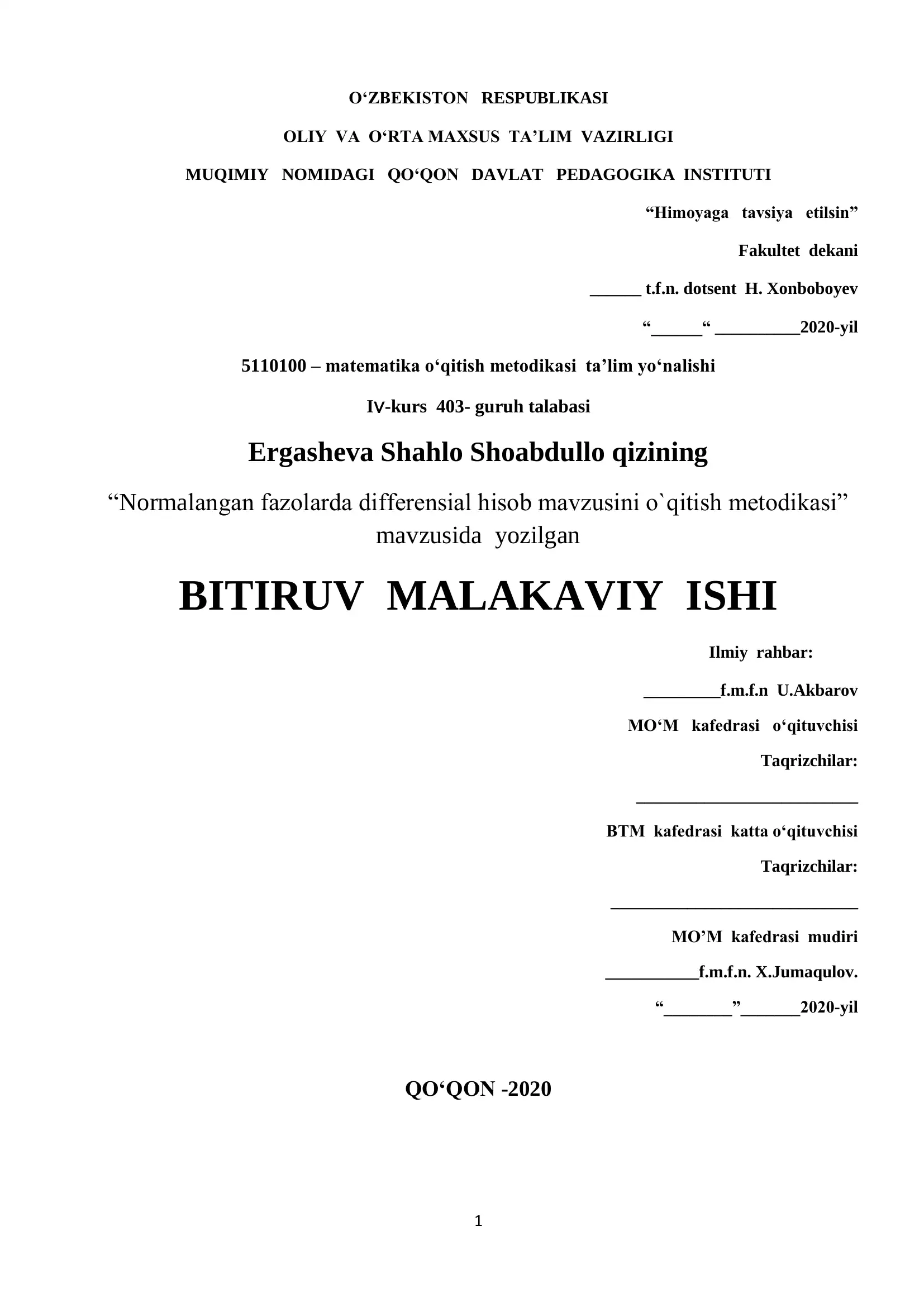 Normalangan fazolarda differensial hisob mavzusini o`qitish metodikasi