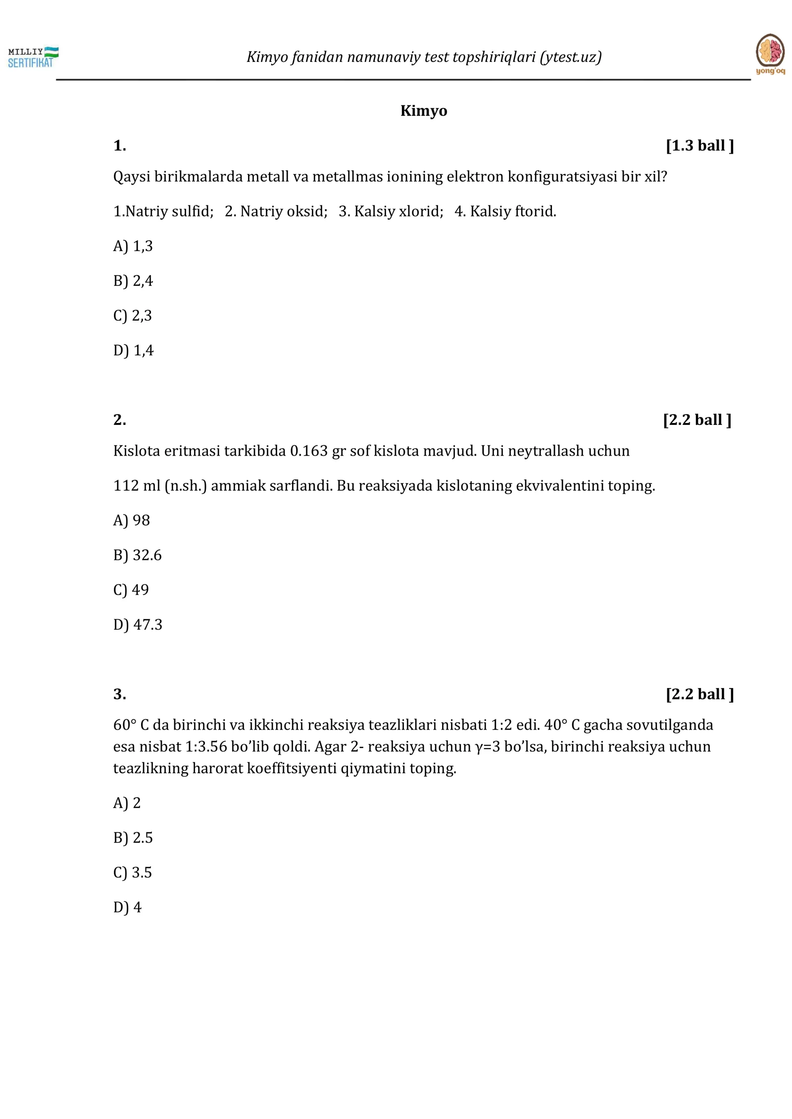 kimyo milliy sertifikat namunaviy
