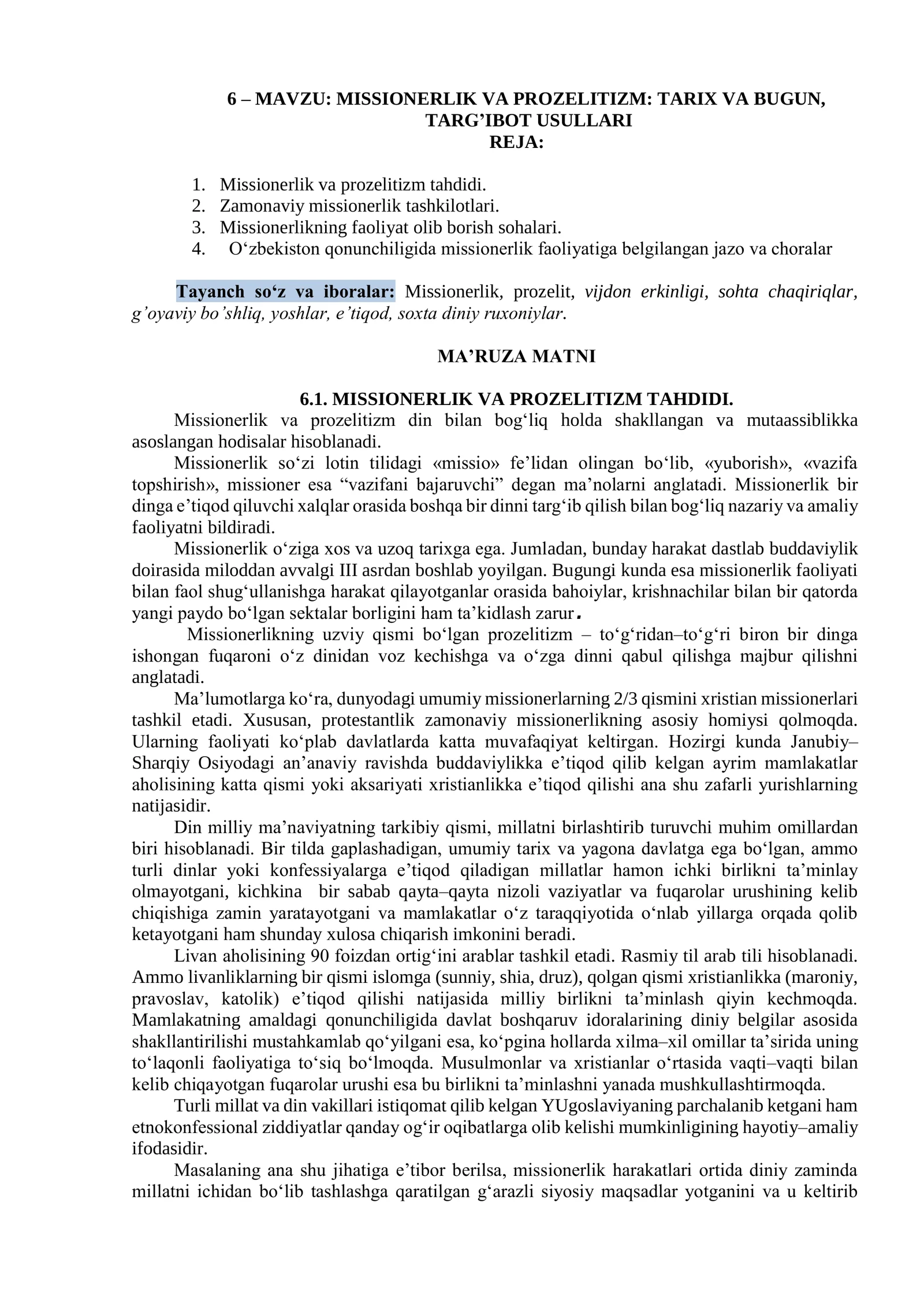 MISSIONERLIK VA PROZELITIZM: TARIX VA BUGUN