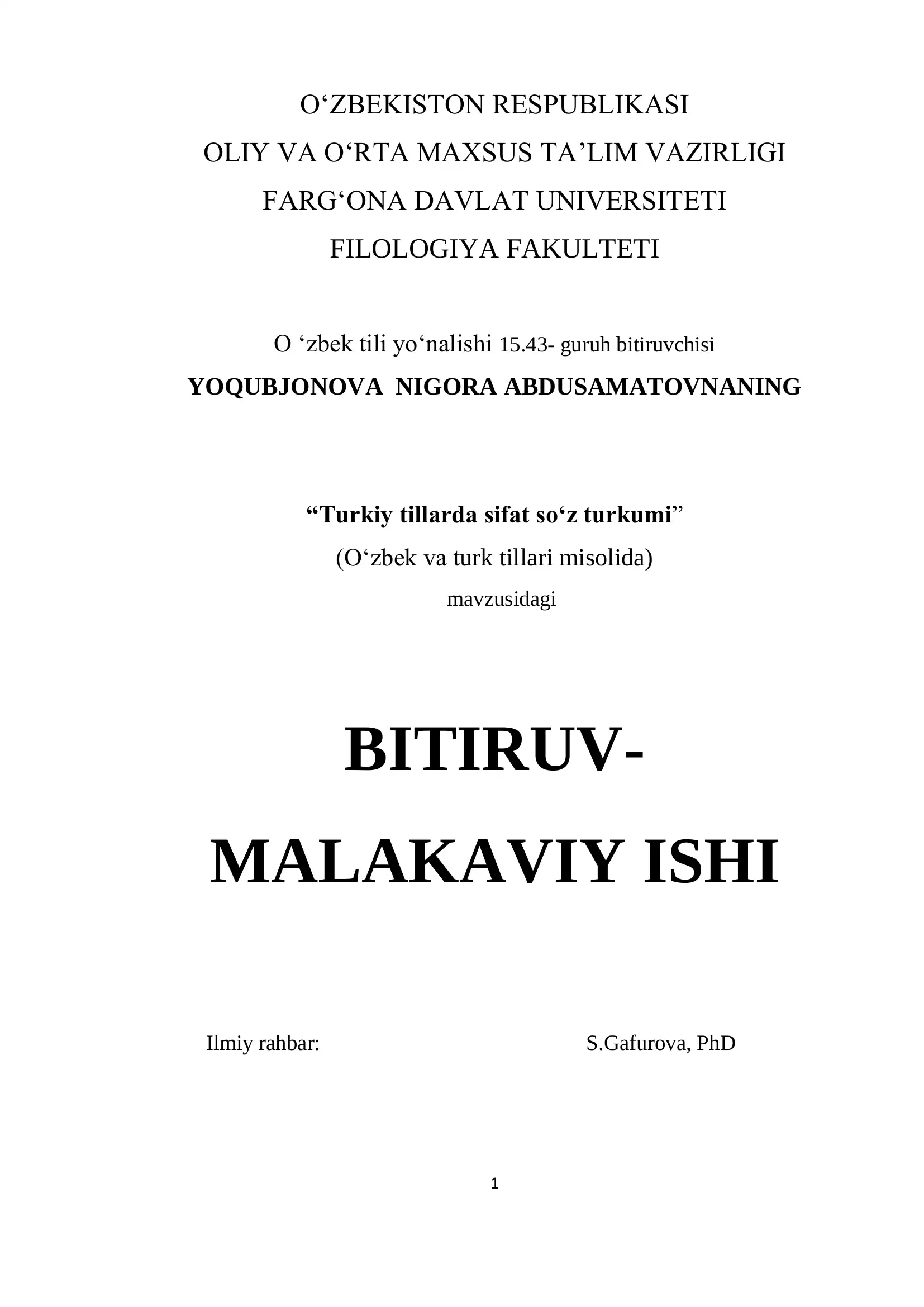 O „zbek tili yo „nalishi 15.43- guruh bitiruvchisi