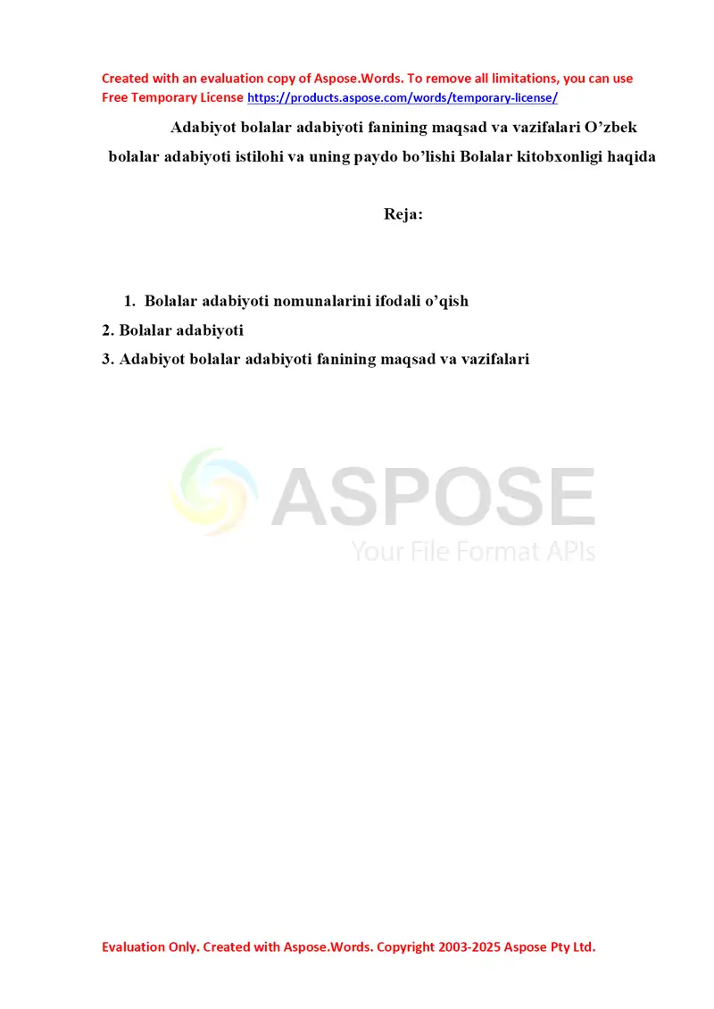 Adabiyot bolalar adabiyoti fanining maqsad va vazifalari O’zbek bolalar adabiyoti istilohi va uning paydo bo’lishi Bolalar kitobxonligi haqida