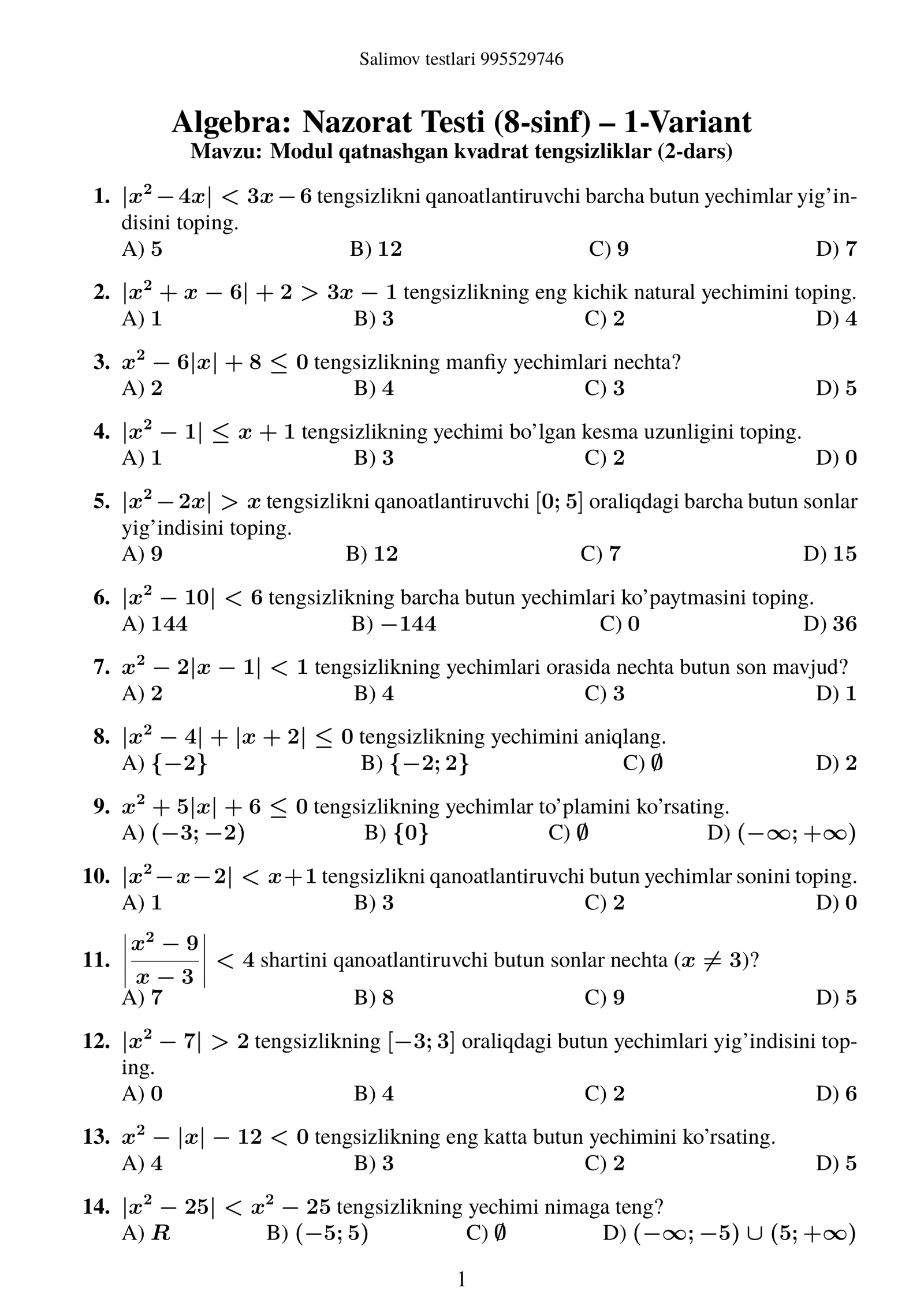 Algebra: Nazorat Testi (8-sinf) – 1-Variant