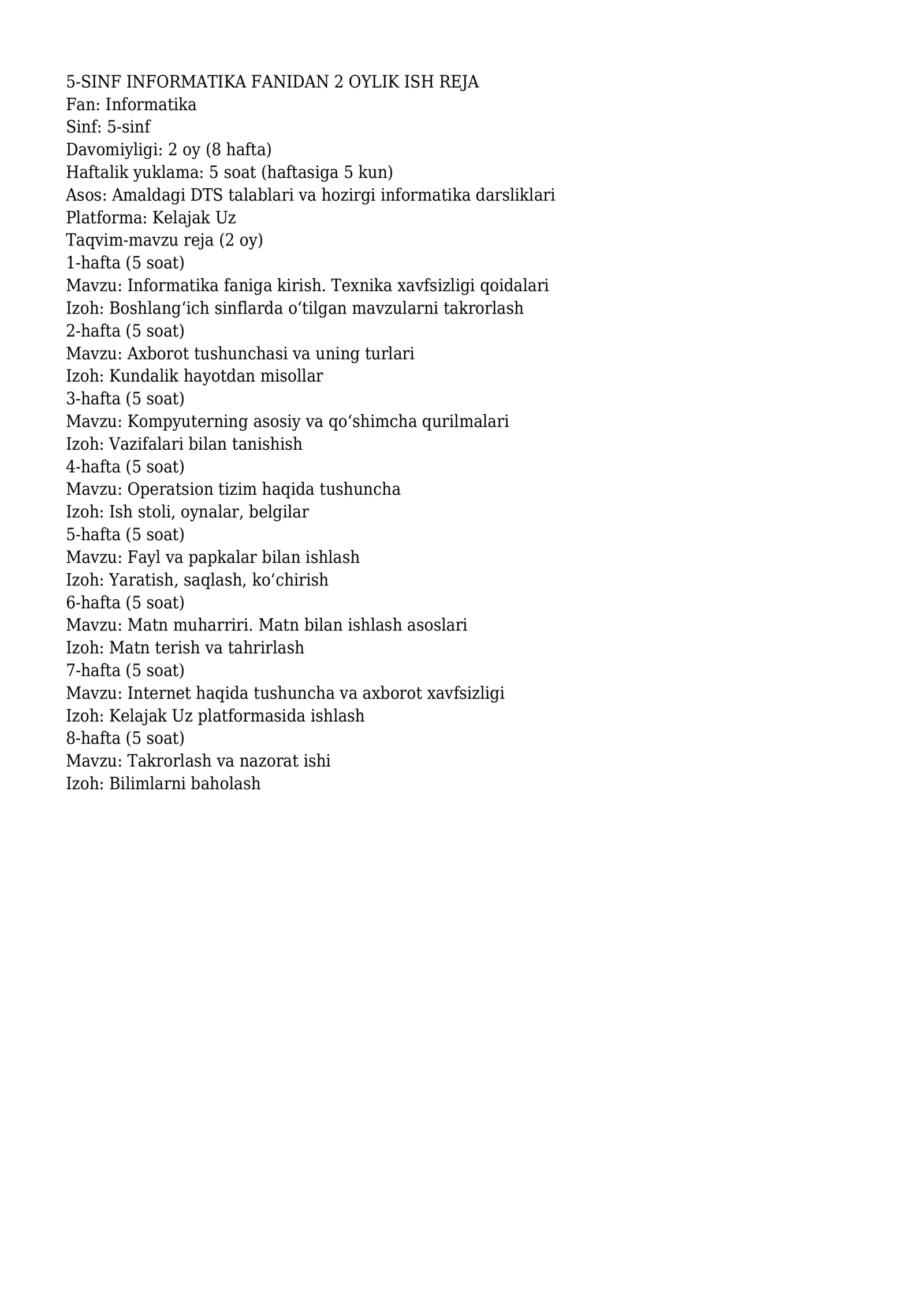 5-SINF INFORMATIKA FANIDAN 2 OYLIK ISH REJA