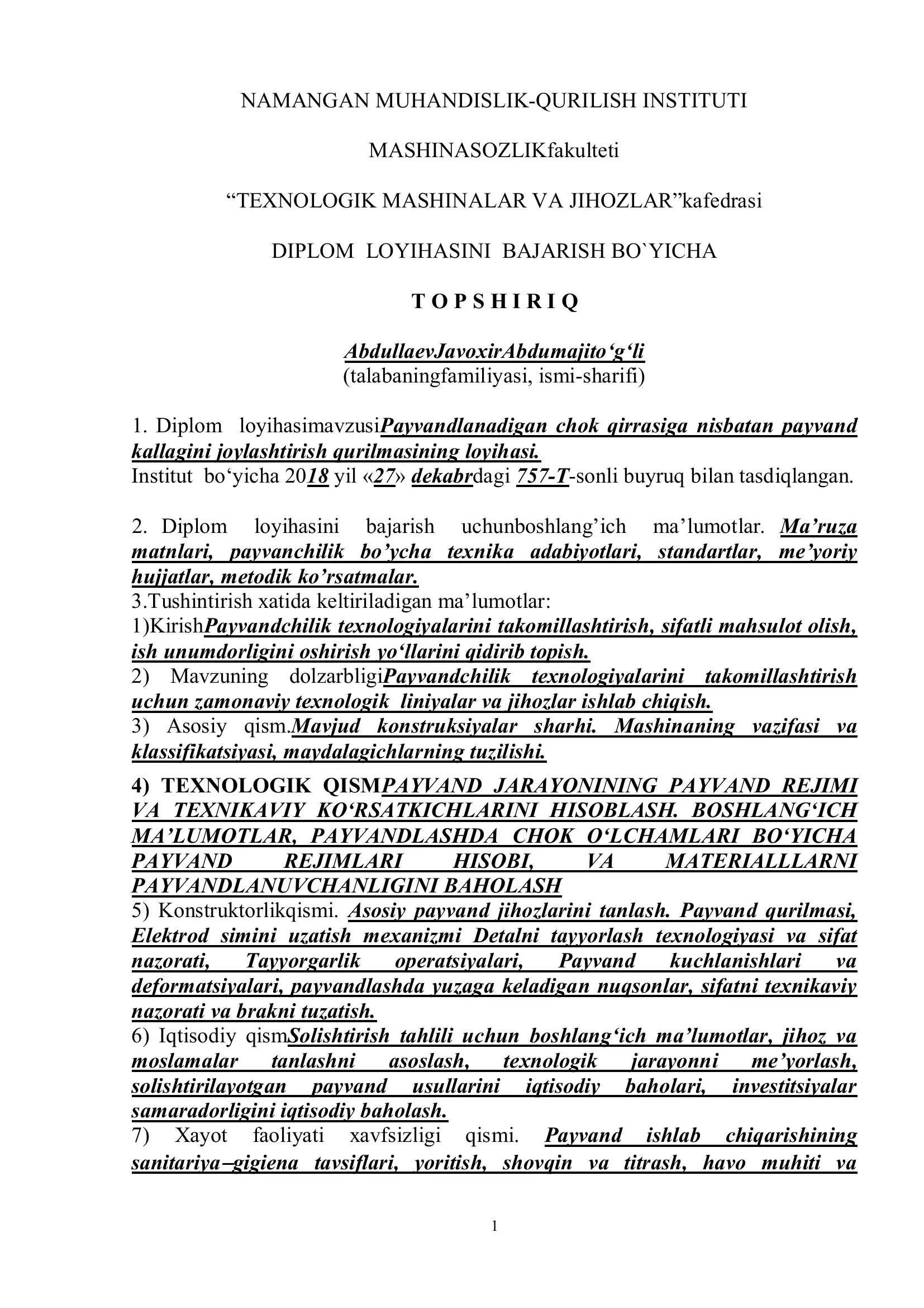 Diplom loyihasi bajarish bo'yicha topshiriq