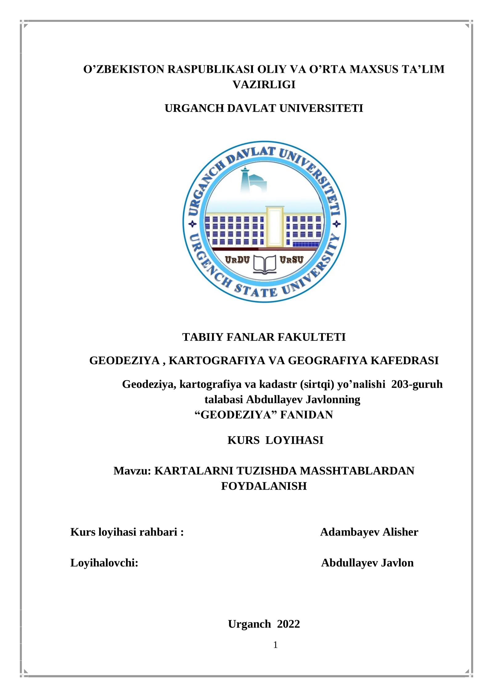 KARTALARNI TUZISHDA MASSHTABLARDAN FOYDALANISH