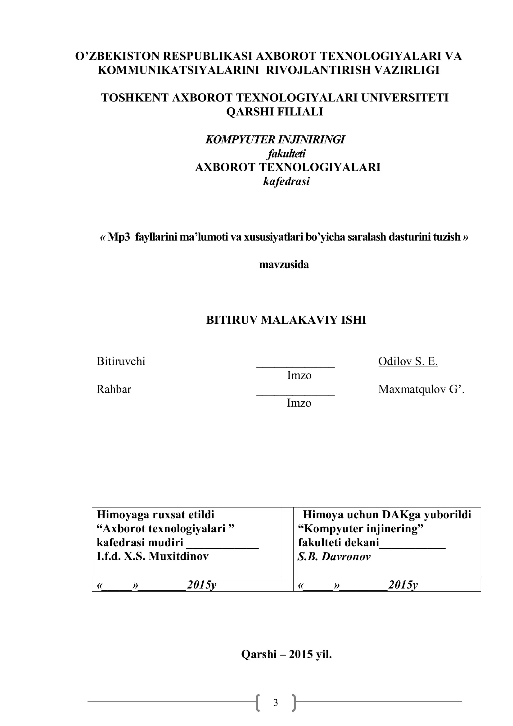 Mp3 fayllarini ma’lumoti va xususiyatlari bo’yicha saralash dasturini tuzish