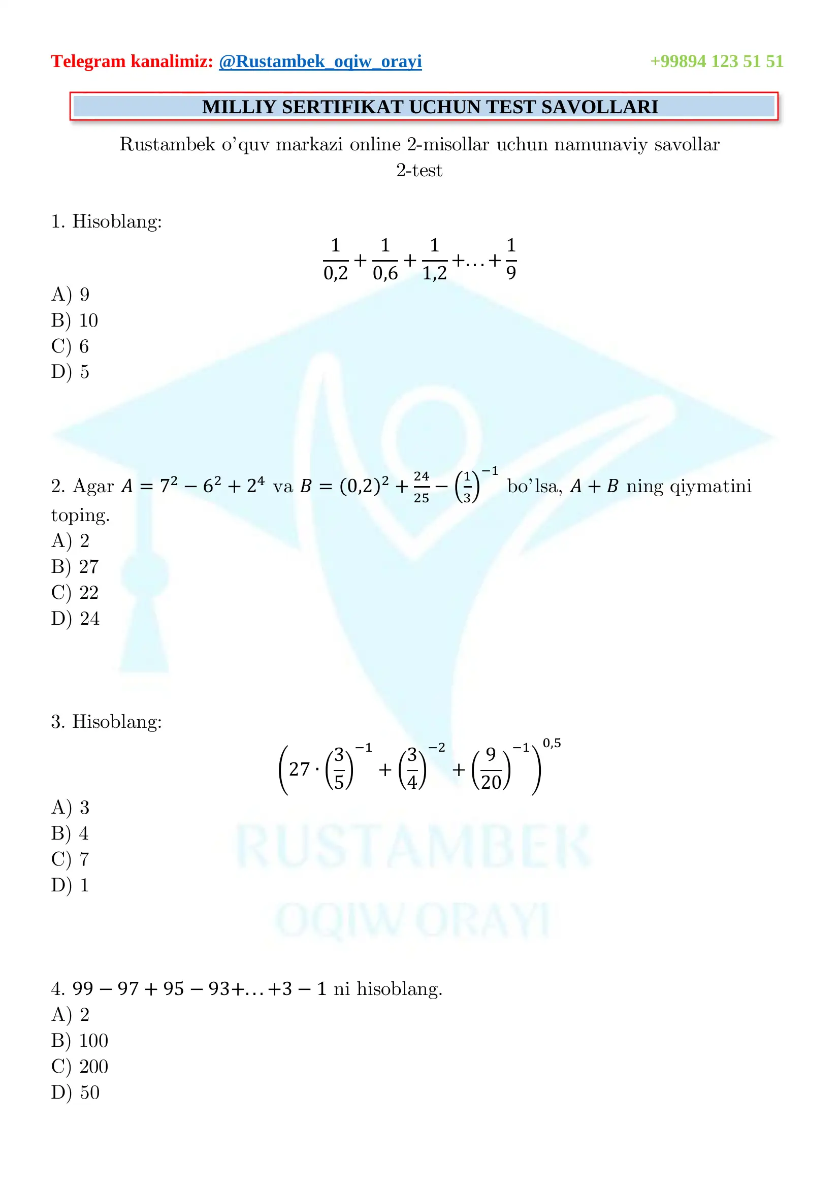 milliy sertifikat va DTM testlardan olingan