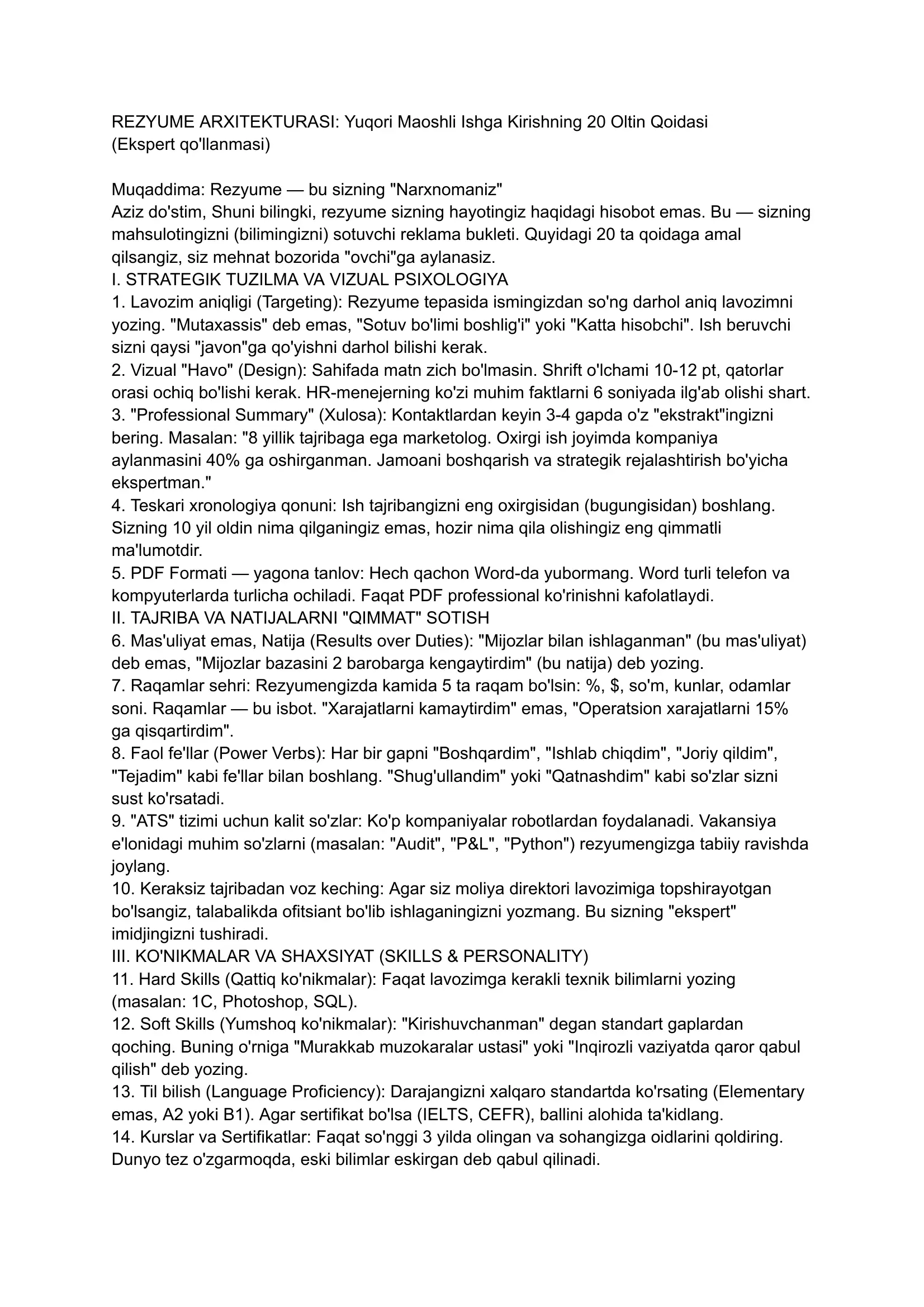 REZYUME ARXITEKTURASI: Yuqori Maoshli Ishga Kirishning 20 Oltin Qoidasi