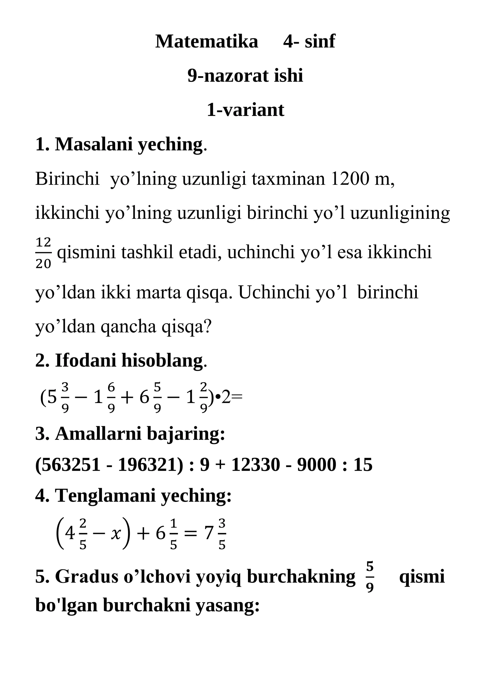 Matematika 4- sinf 9-nazorat ishi