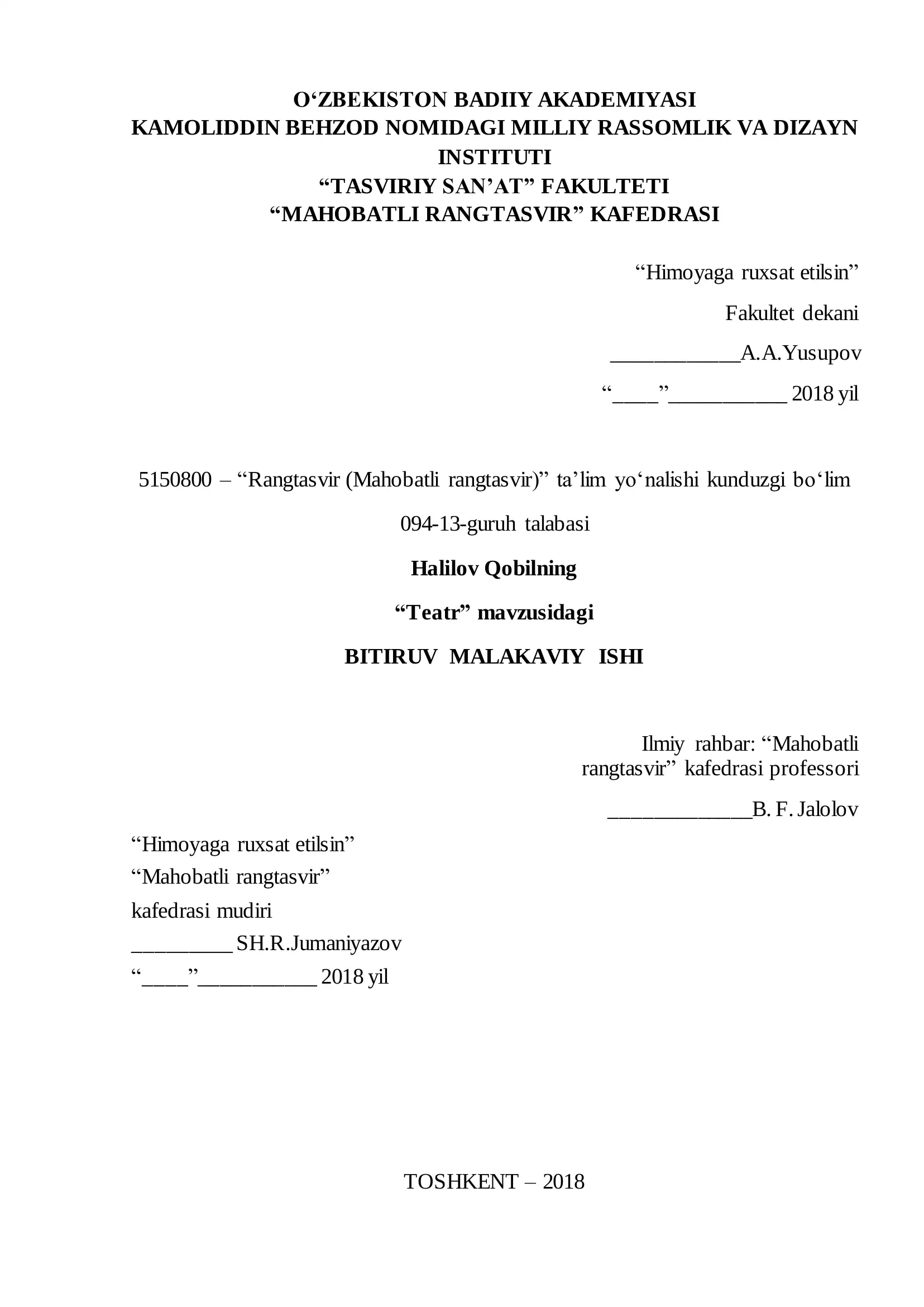 "Mahobatli rangtasvir" BITIRUV MALAKAVIY ISHI