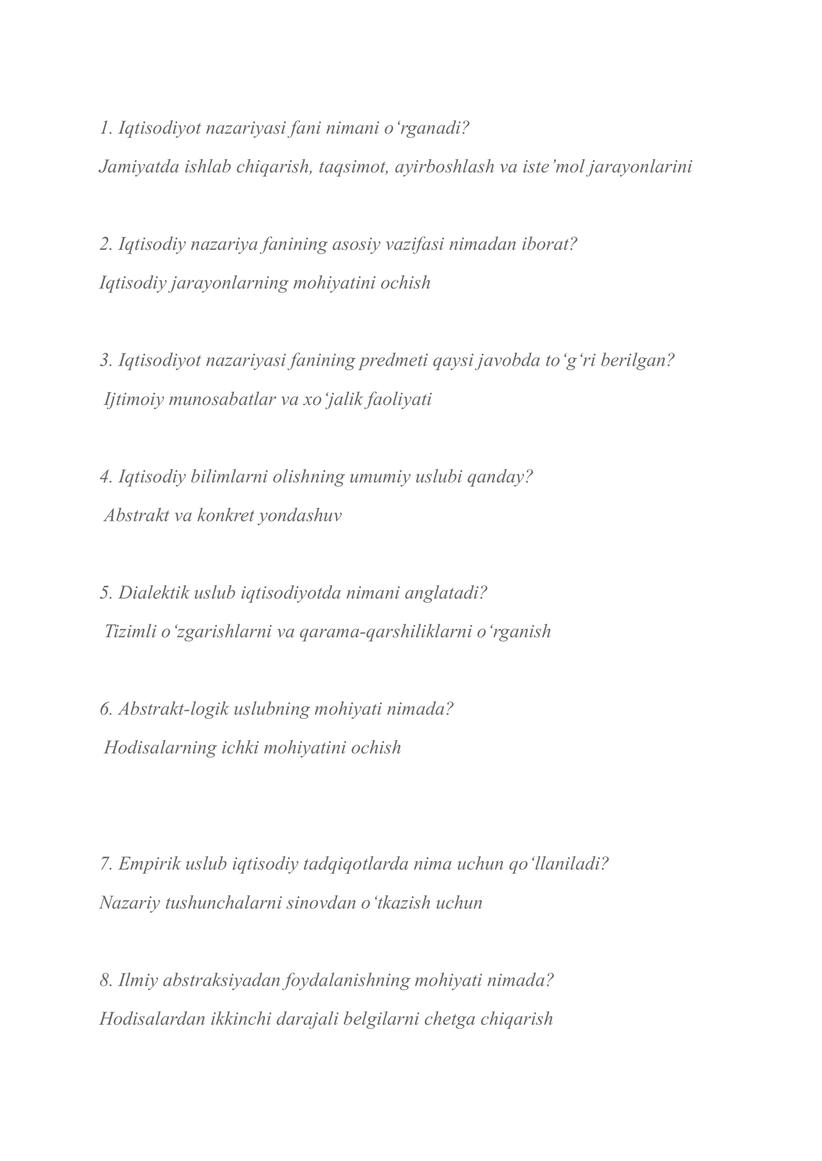 Iqtisodiyot nazariyasi fani savol va javoblar