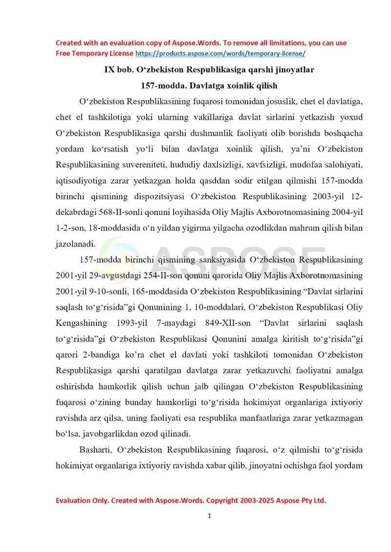 157-modda. Davlatga xoinlik qilish