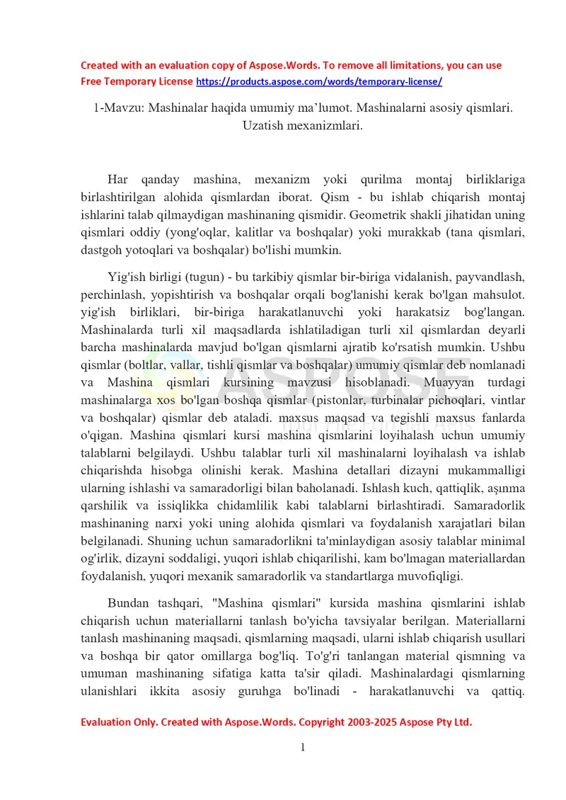 Mashina qismlari: umumiy ma’lumot va uzatish mexanizmlari