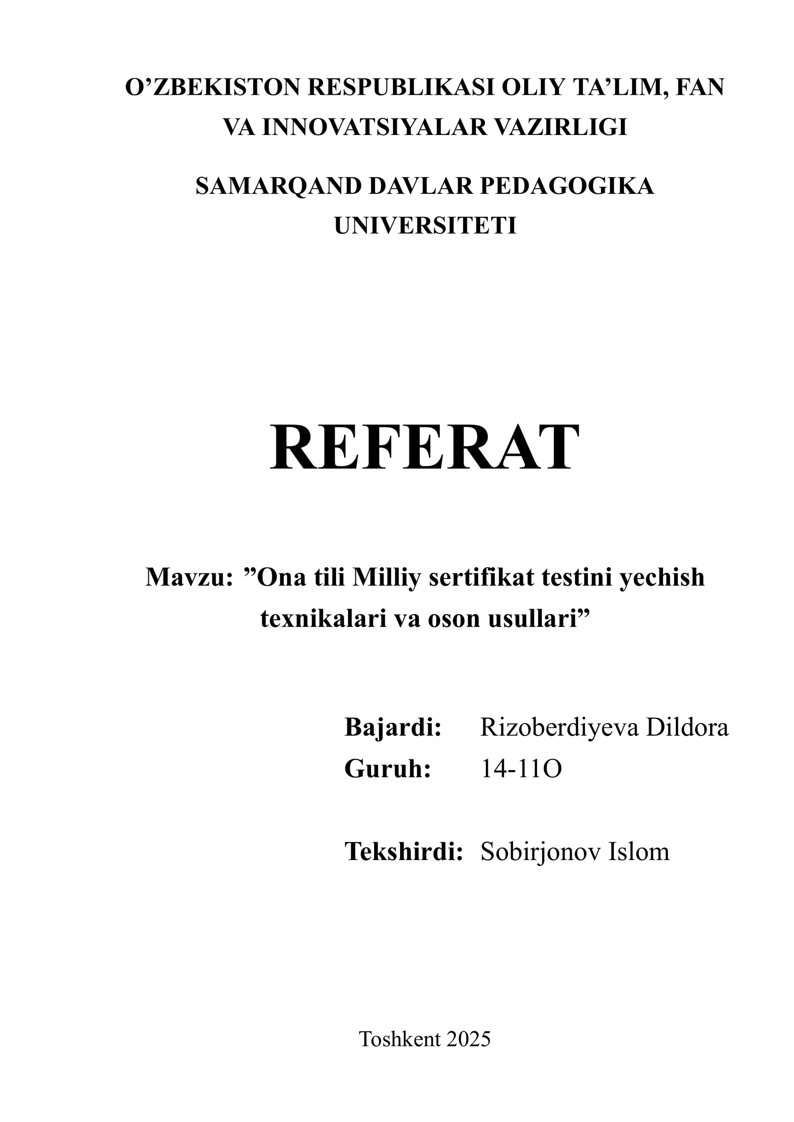 Ona tili Milliy sertifikat testini yechish texnikalari va oson usullari..