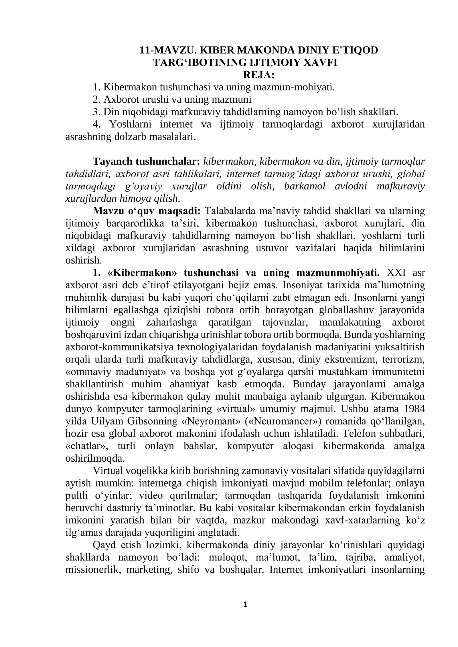 KIBER MAKONDA DINIY E'TIQOD TARG‘IBOTINING IJTIMOIY XAVFI