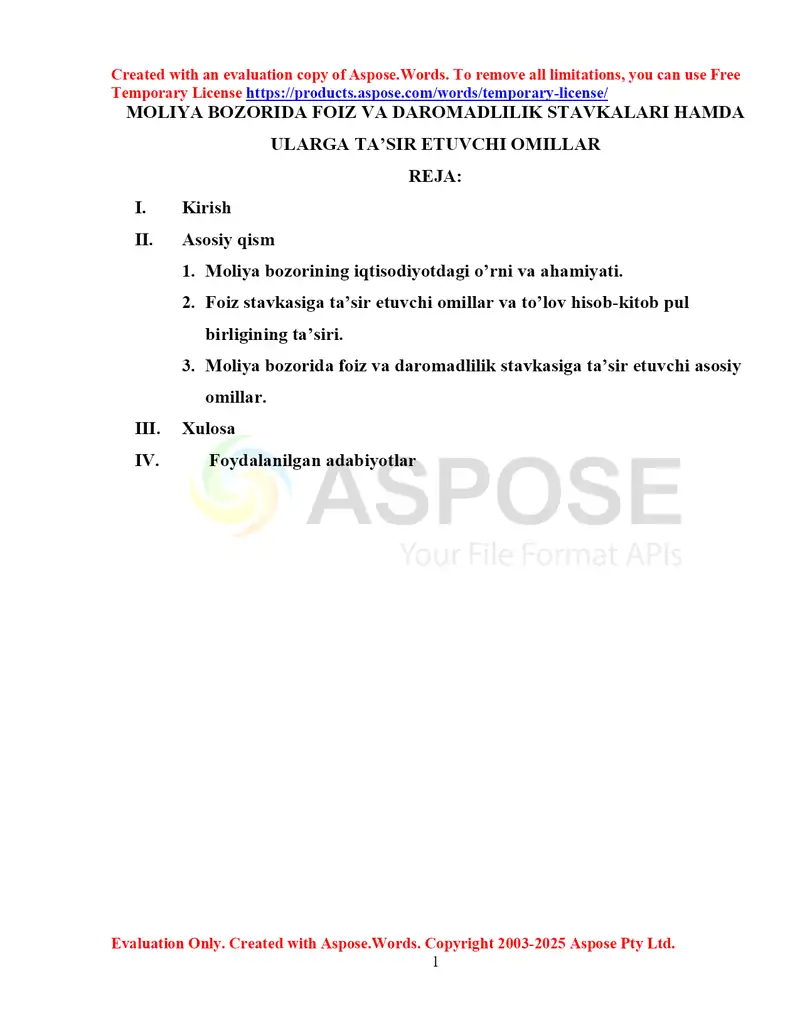 Moliya bozorida foiz va daromadlilik stavkalari hamda ularga ta’sir etuvchi omillar