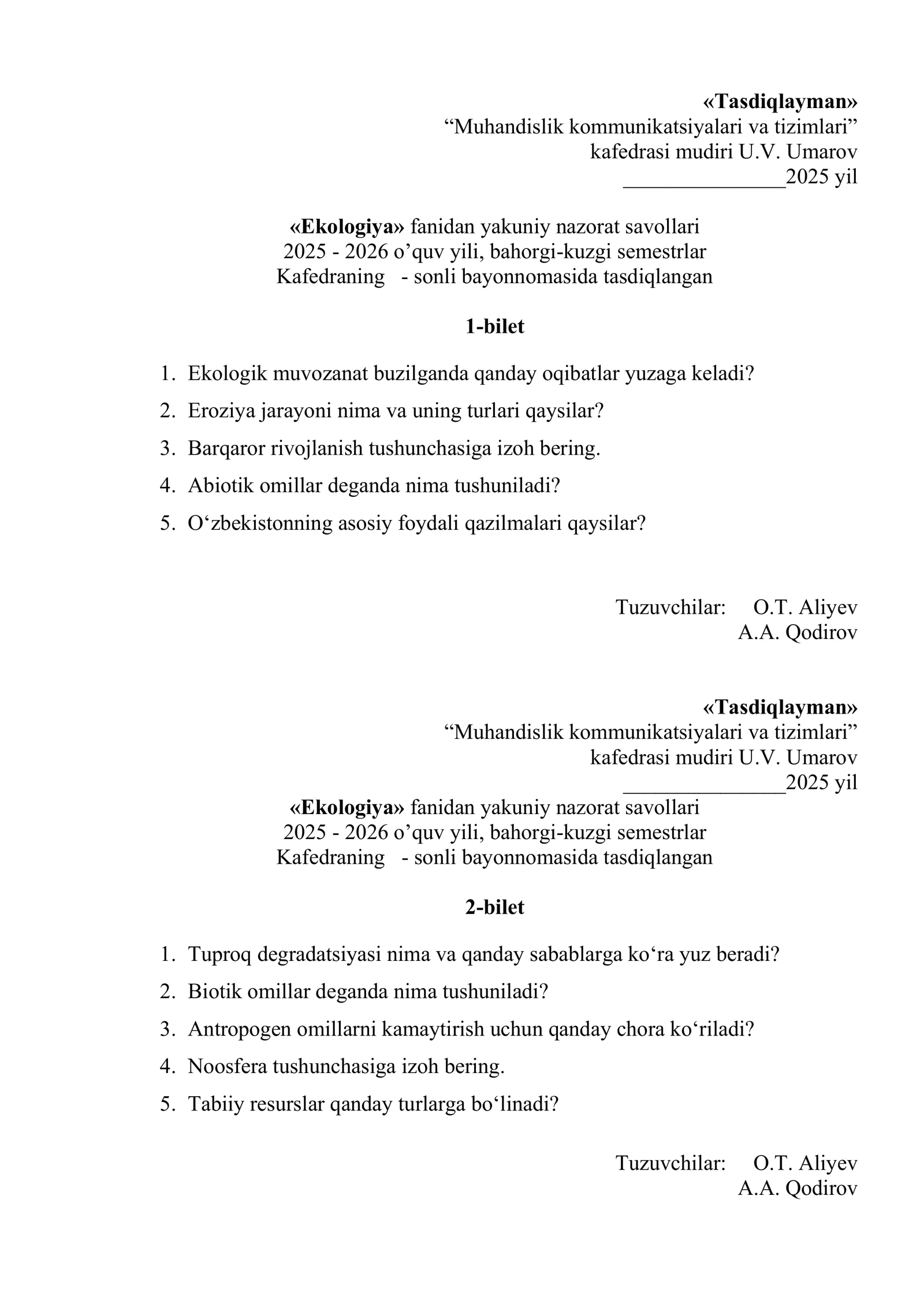Ekologiya fanidan yakuniy nazorat savollari