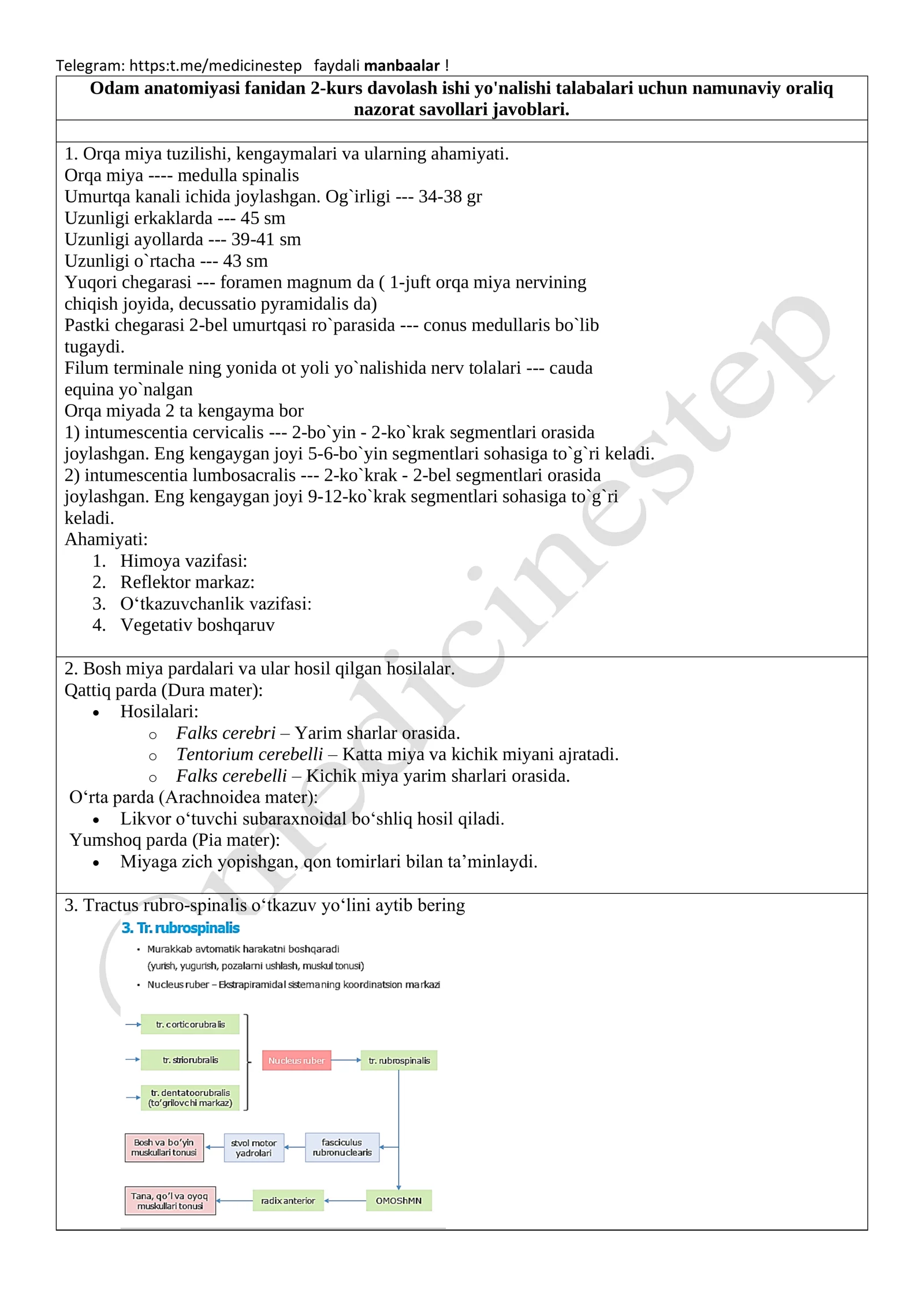 Odam anatomiyasi fanidan 2-kurs davolash ishi yo'nalishi talabalari uchun namunaviy oraliq nazorat savollari