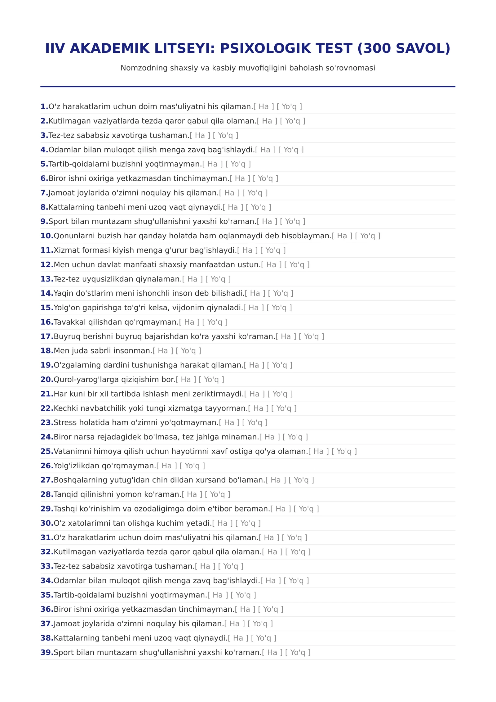 PSIXOLOGIK TEST (300 SAVOL)