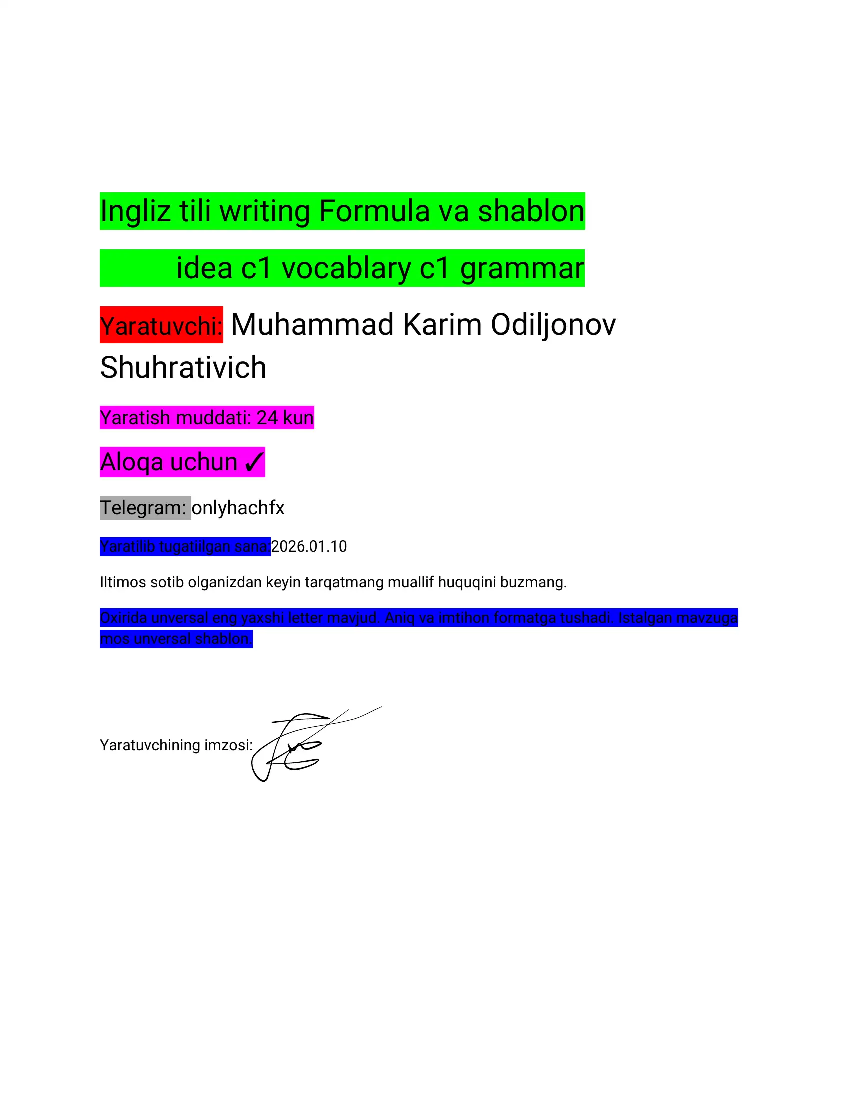 Kunc Kesen Shablon Ingliz tili writing Formula va shablon