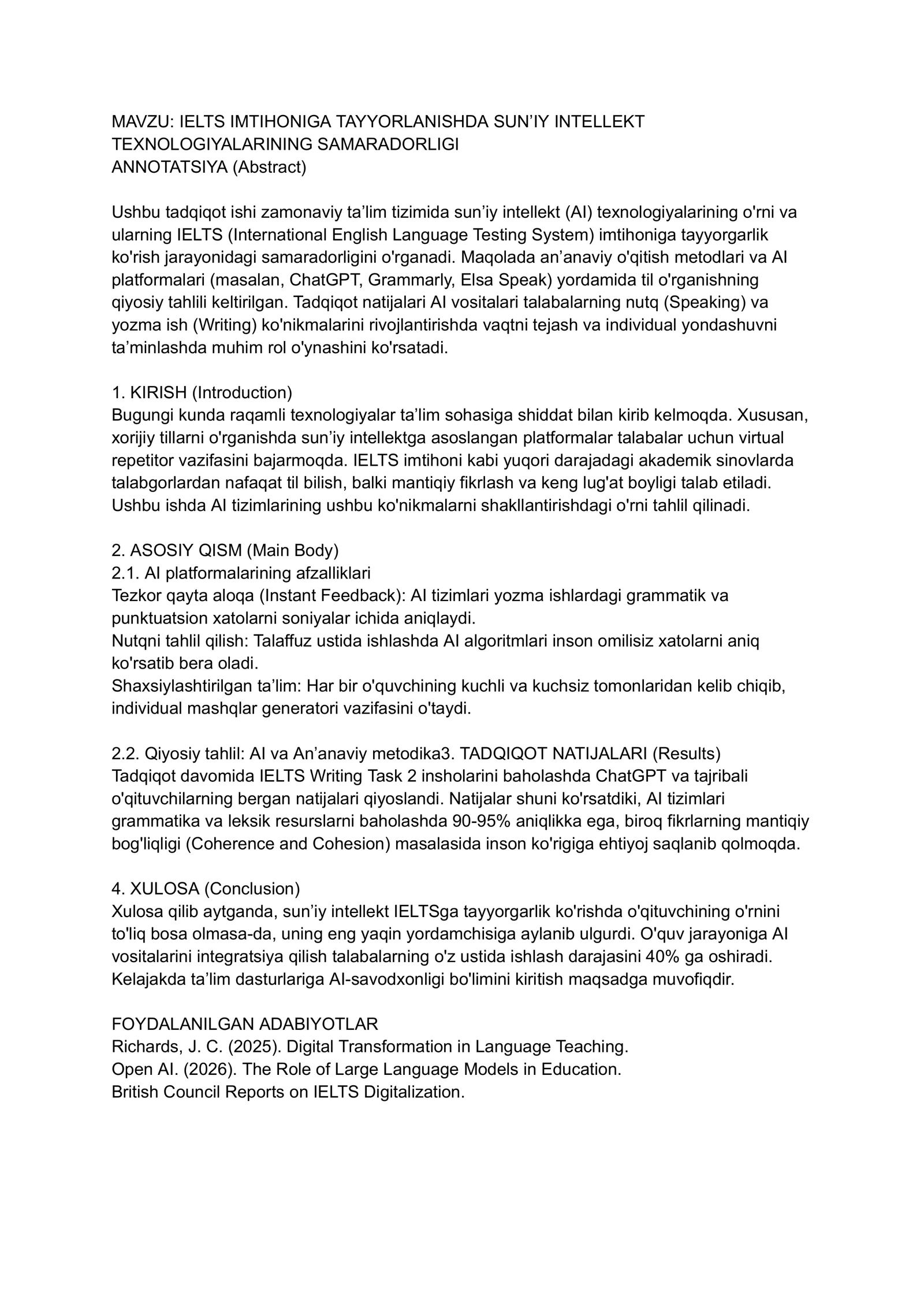 IELTS IMTIHONIGA TAYYORLANISHDA SUN’IY INTELLEKT TEXNOLOGIYALARINING SAMARADORLIGI
ANNOTATSIY