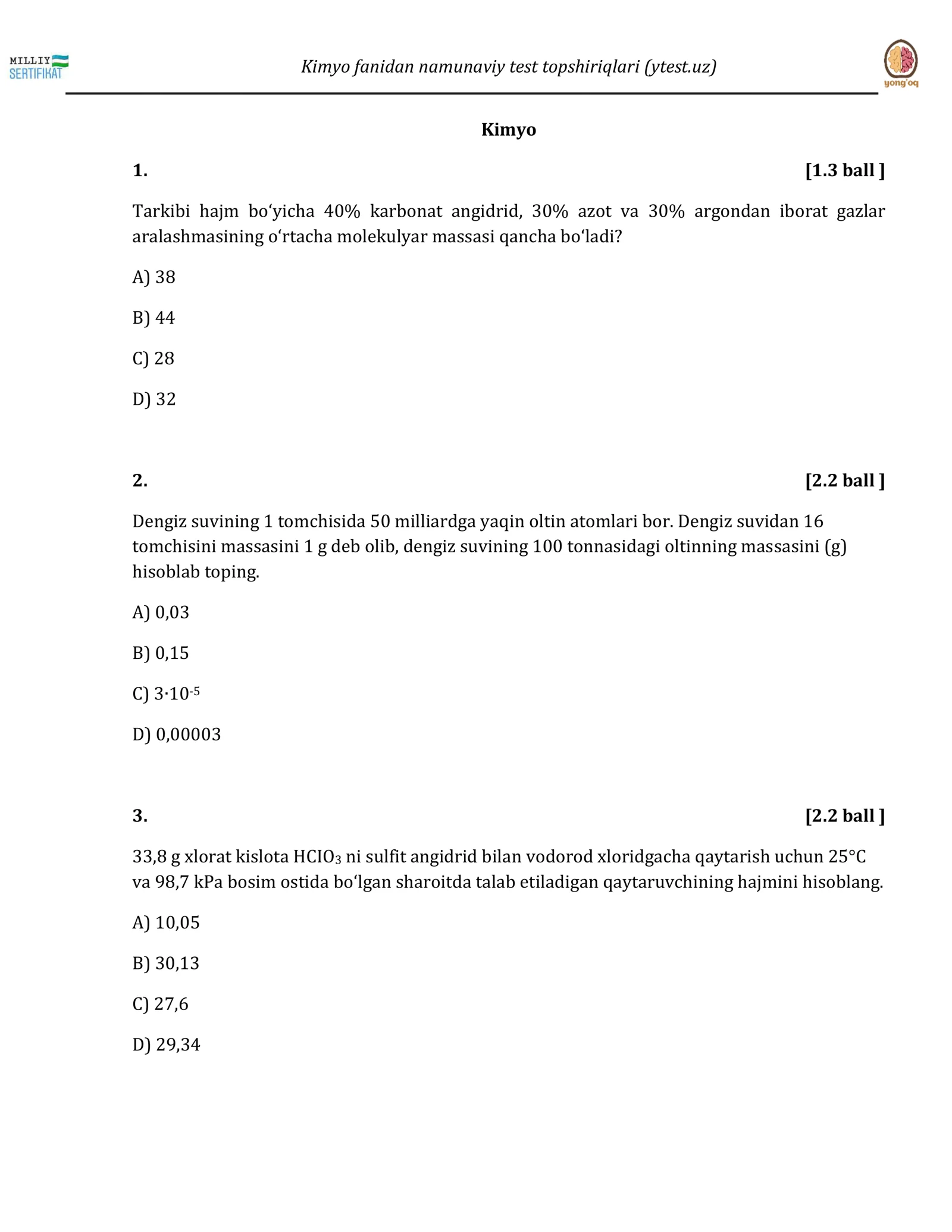 kimyo test milliy sertifikat
