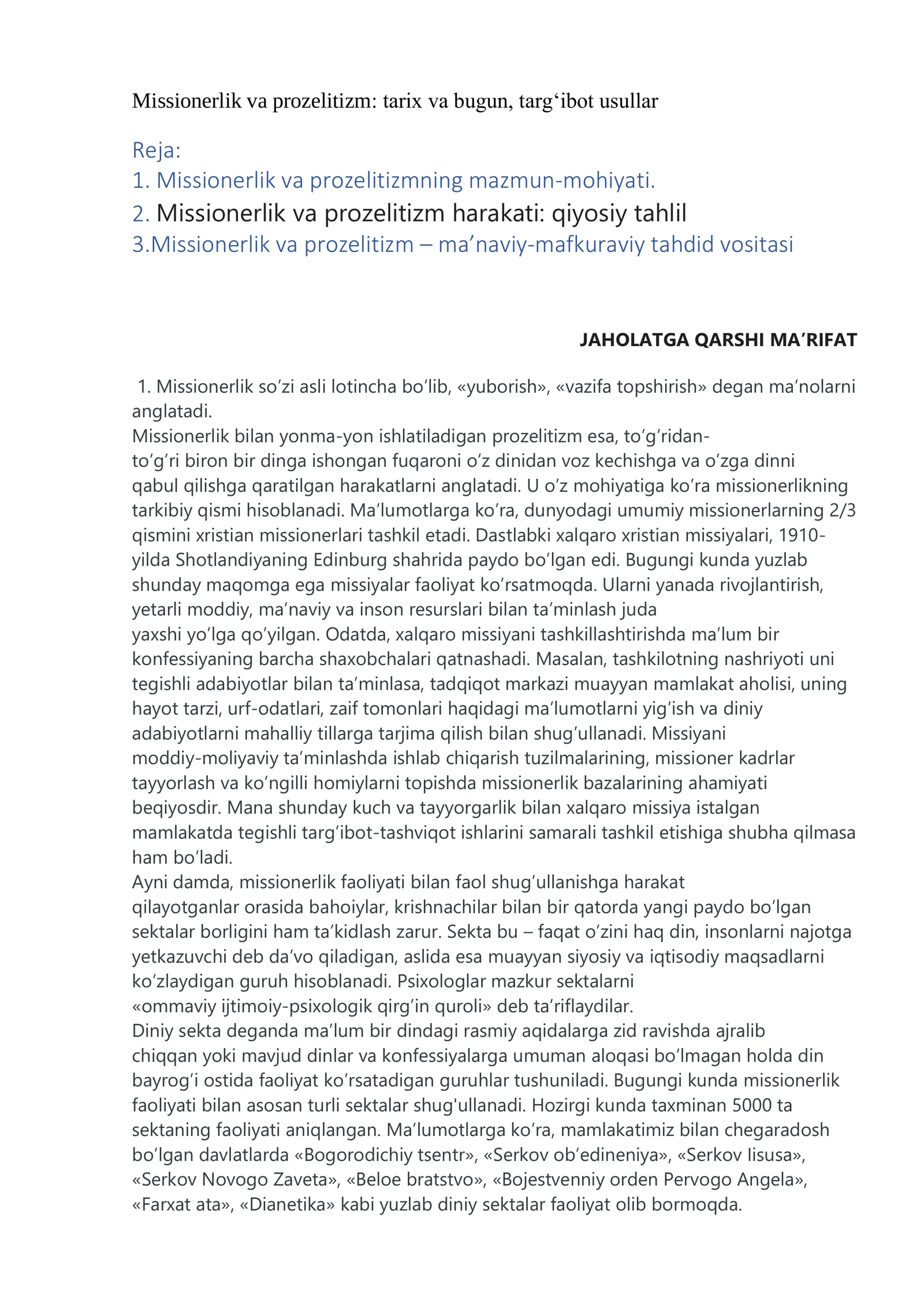 Missionerlik va prozelitizm: tarix va bugun, targ‘ibot usullar