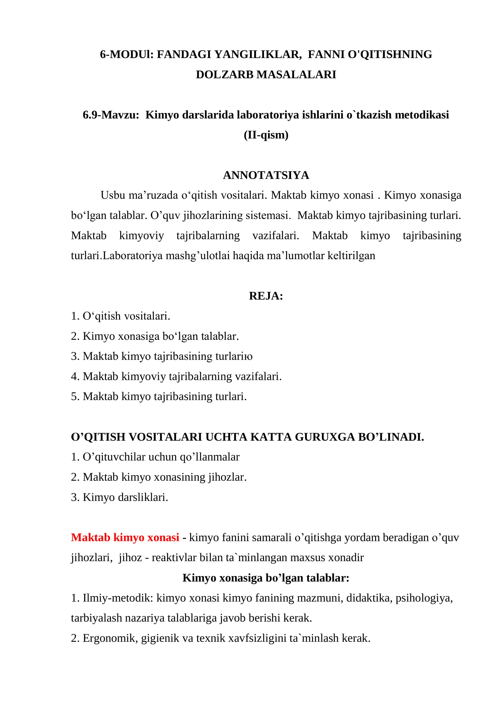 Kimyo darslarida laboratoriya ishlarini o`tkazish metodikasi (II-qism)