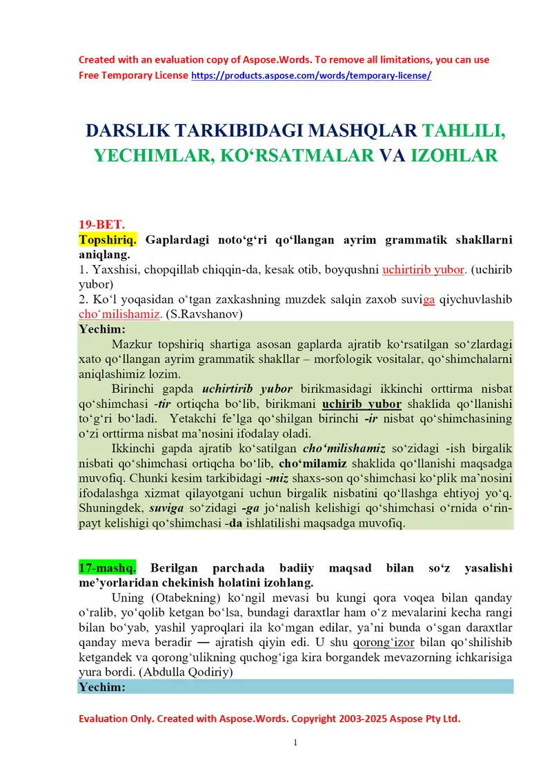 DARSLIK TARKIBIDAGI MASHQLAR TAHLILI, YECHIMLAR, KO‘RSATMALAR VA IZOHLAR