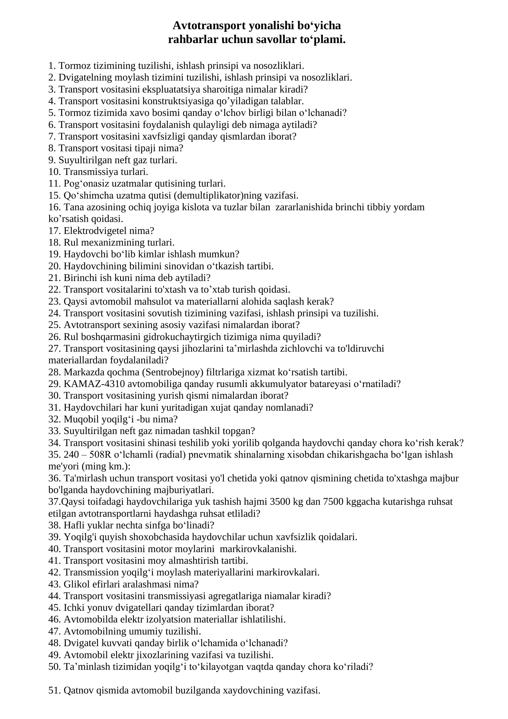 Avtotransport yonalishi bo‘yicha rahbarlar uchun savollar to‘plami.