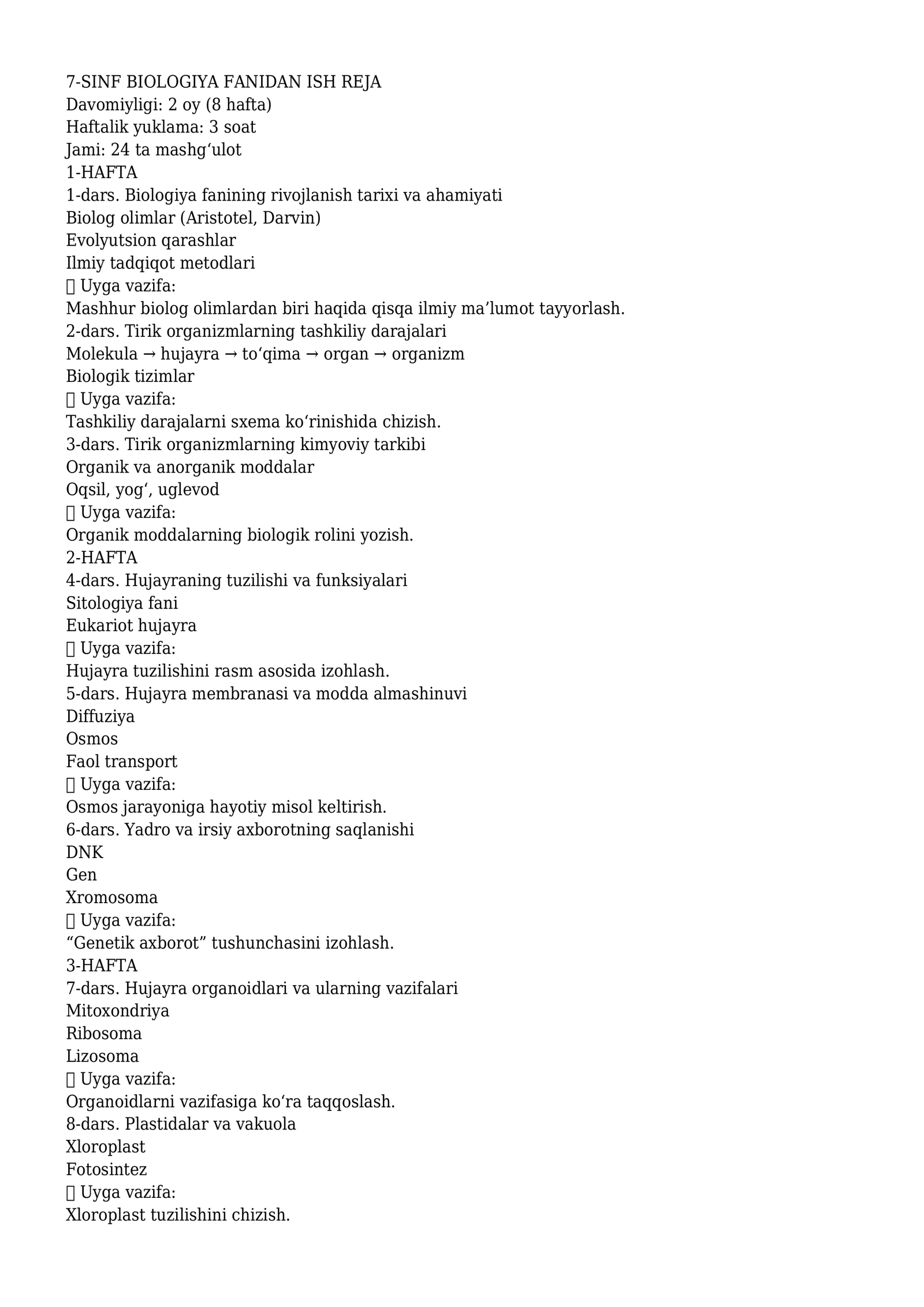 7-SINF BIOLOGIYA FANIDAN ISH REJA