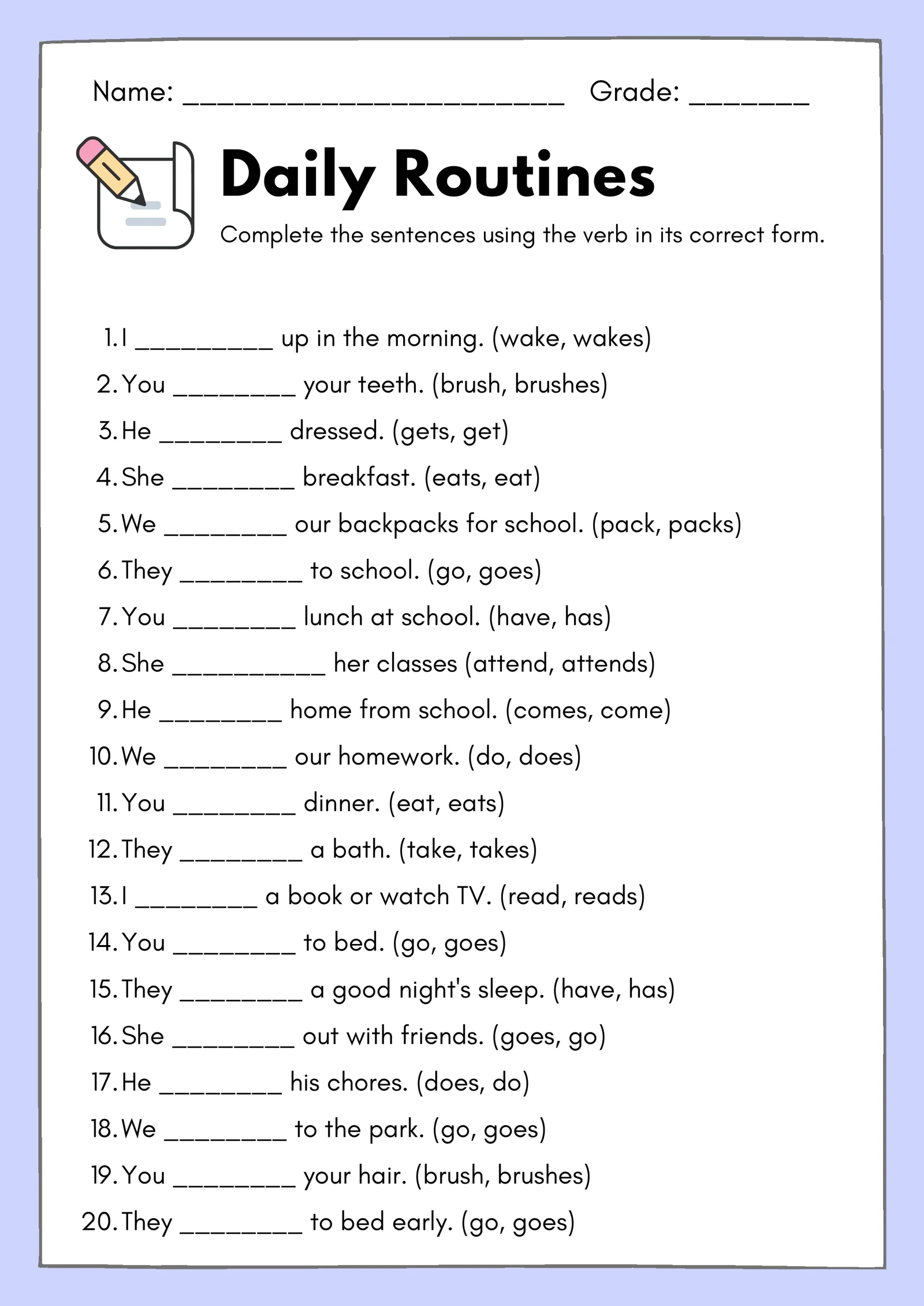 Ingliz tili: Daily Routines (Kundalik yumushlar) — Grammatika va Lug‘at mashqi (A4 PDF)