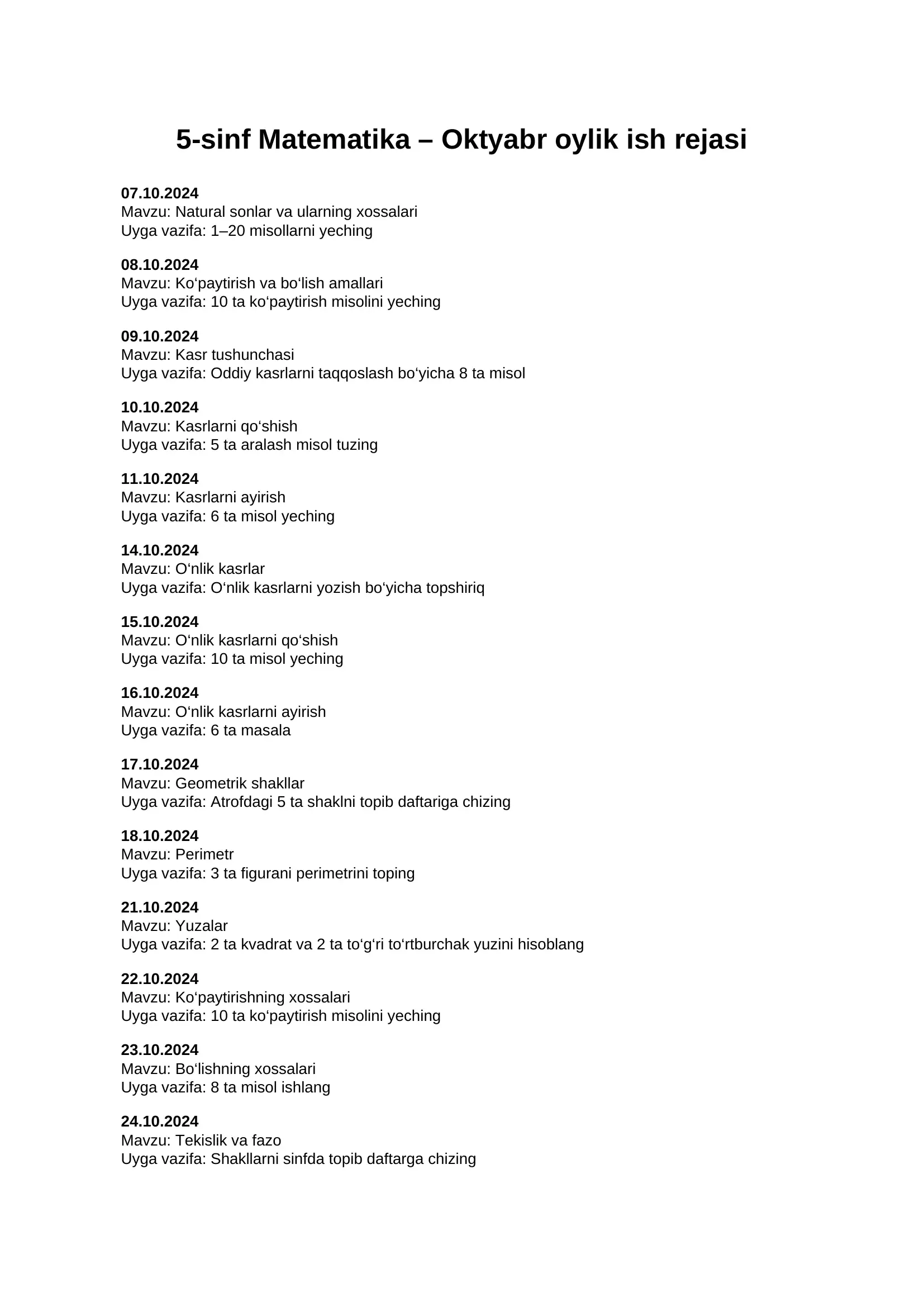 5-sinf Matematika – Oktyabr oylik ish rejasi