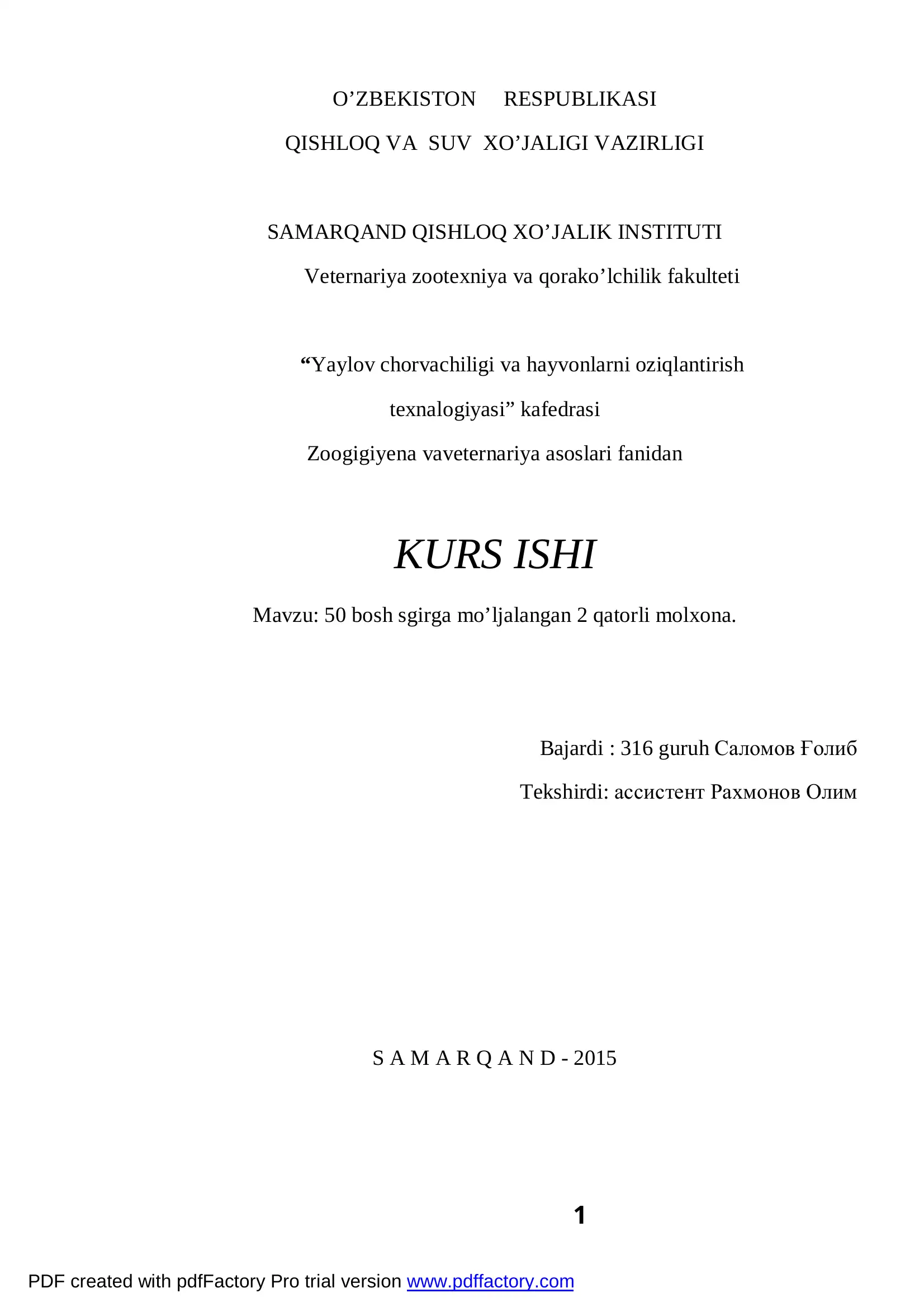 Yaylov chorvachiligi va hayvonlarni oziqlantirish texnalogiyasi