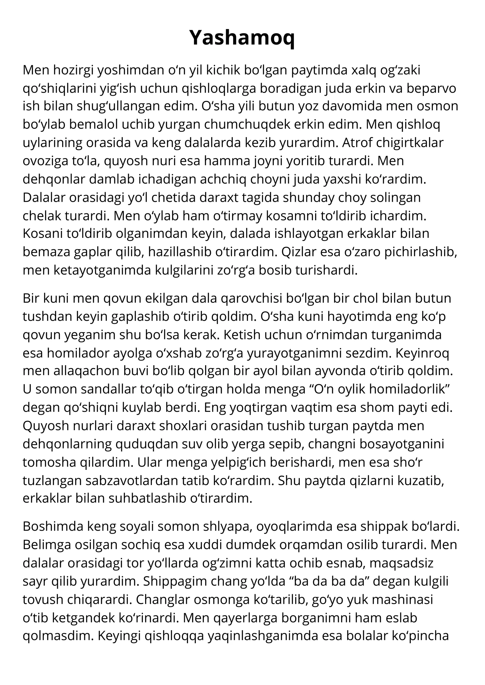 yashamoq o'zbekcha tarjimasi