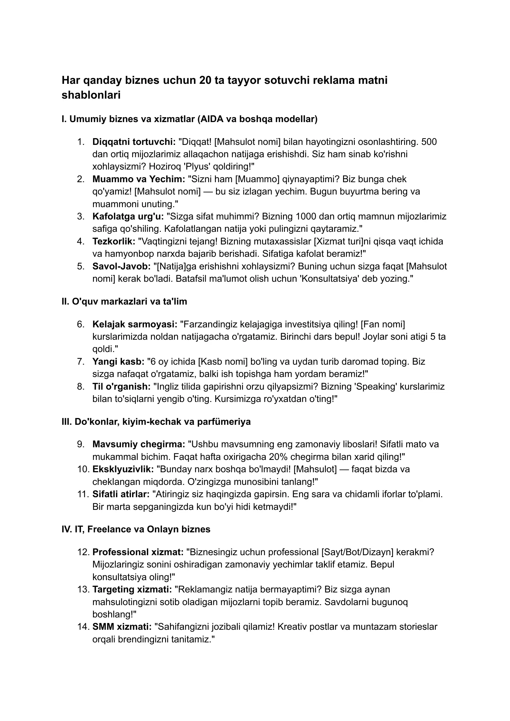 20 ta tayyor sotuvchi reklama matnlari shablonlari
