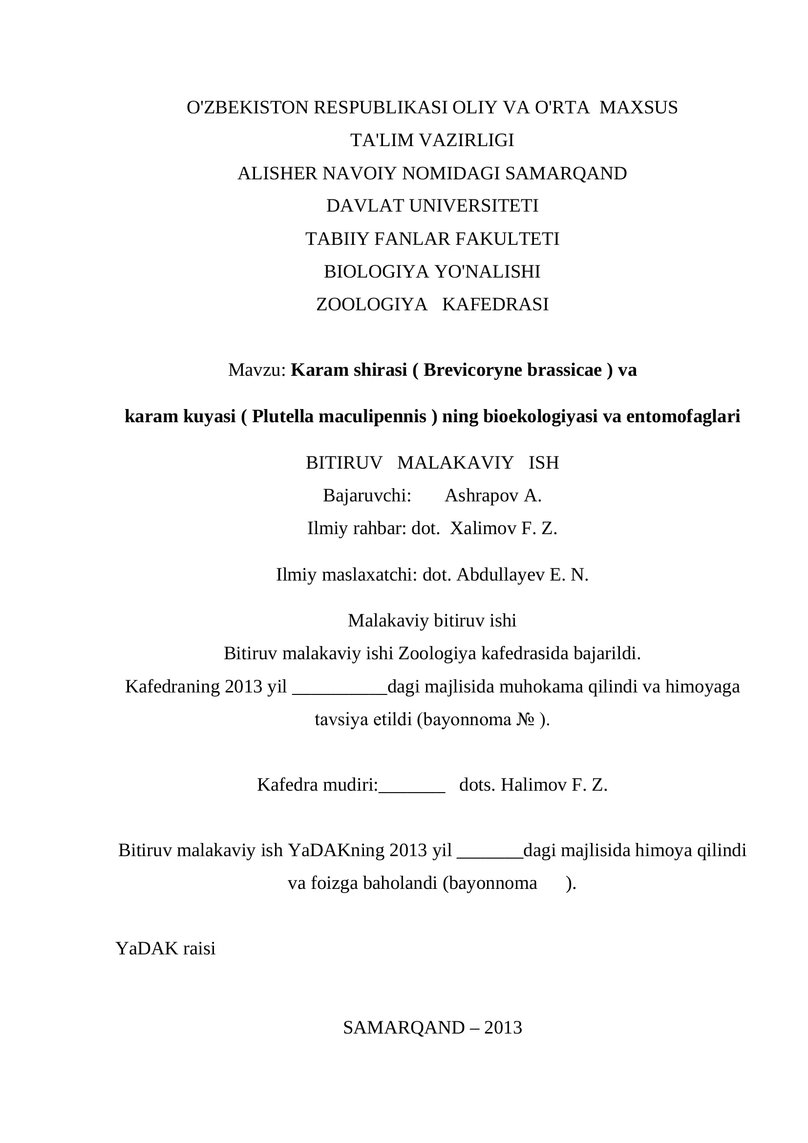 Karam shirasi ( Brevicoryne brassicae ) va karam kuyasi ( Plutella maculipennis ) ning bioekologiyasi va entomofaglari