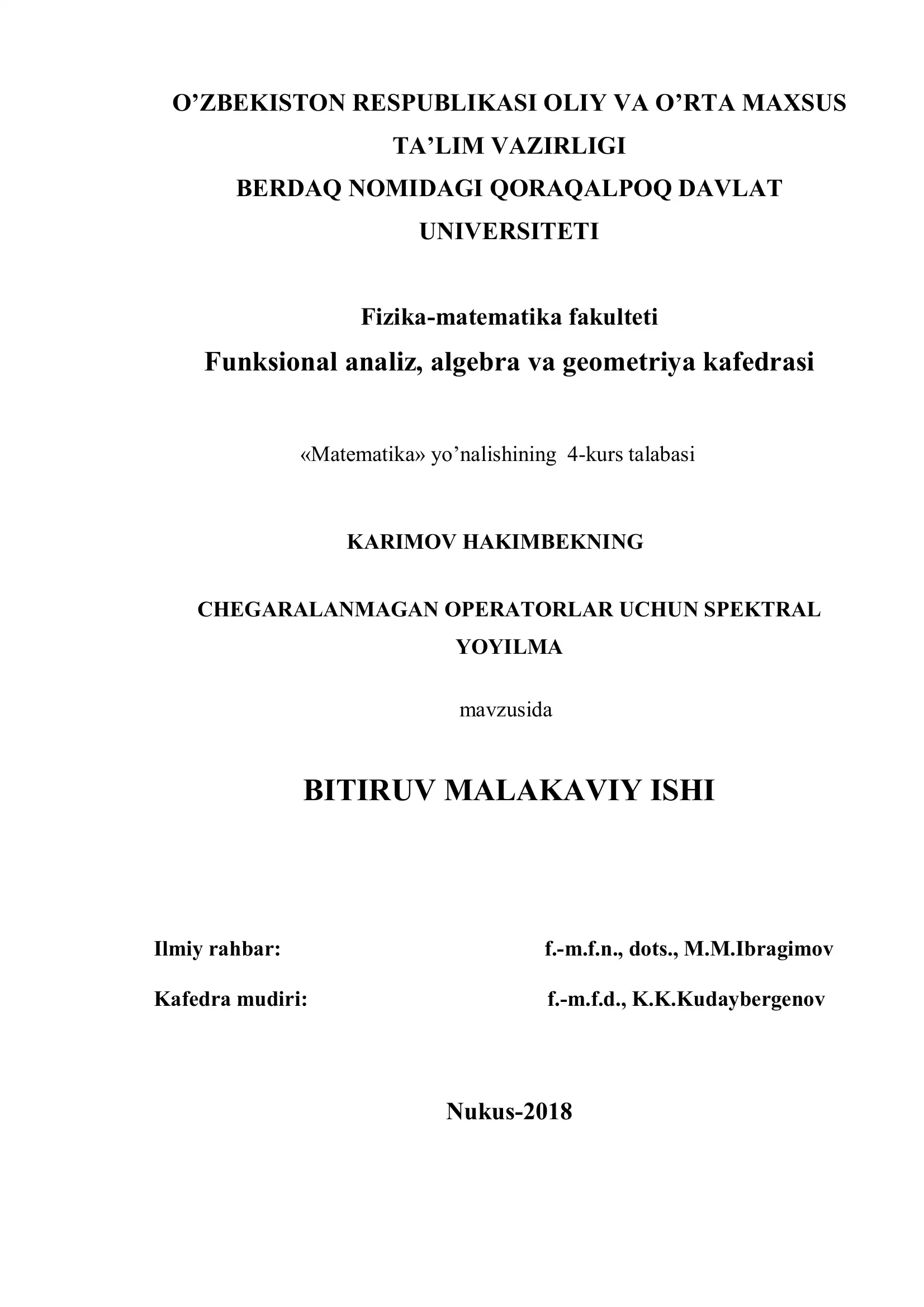 ChEGARALANMAGAN OPERATORLAR UCHUN SPEKTRAL YOYILMA