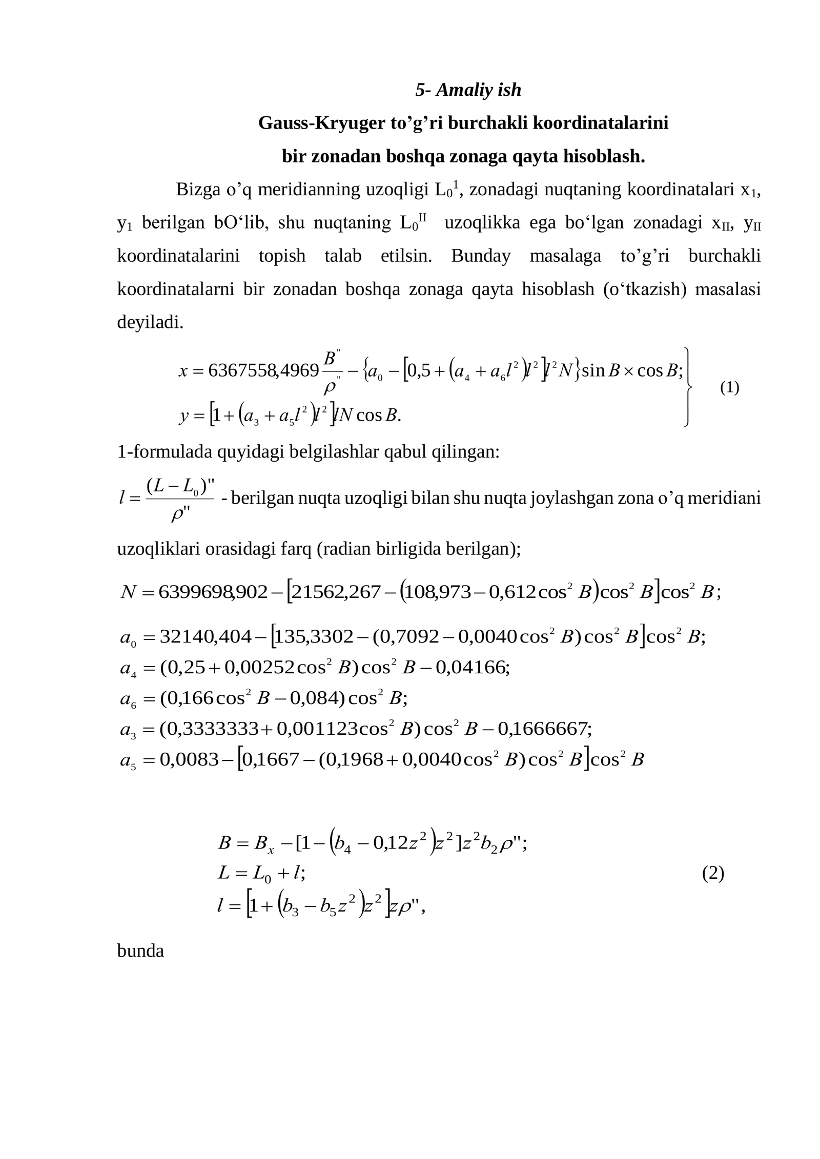 Gauss-Kryuger to’g’ri burchakli koordinatalarini bir zonadan boshqa zonaga qayta hisoblash