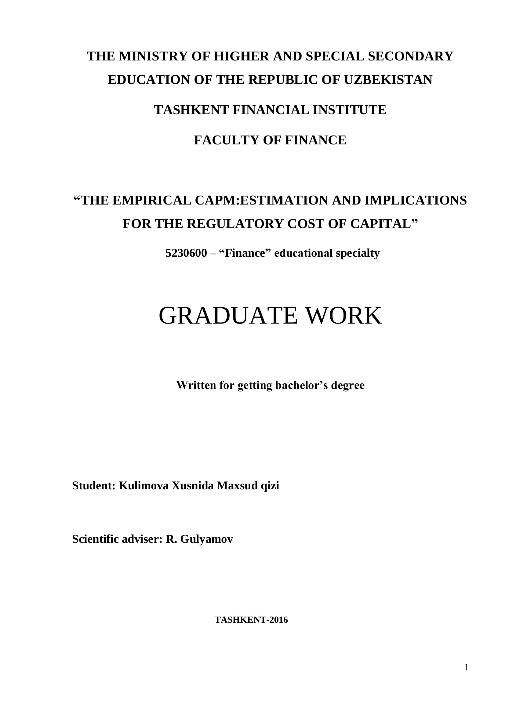 THE EMPIRICAL CAPM:ESTIMATION AND IMPLICATIONS FOR THE REGULATORY COST OF CAPITAL