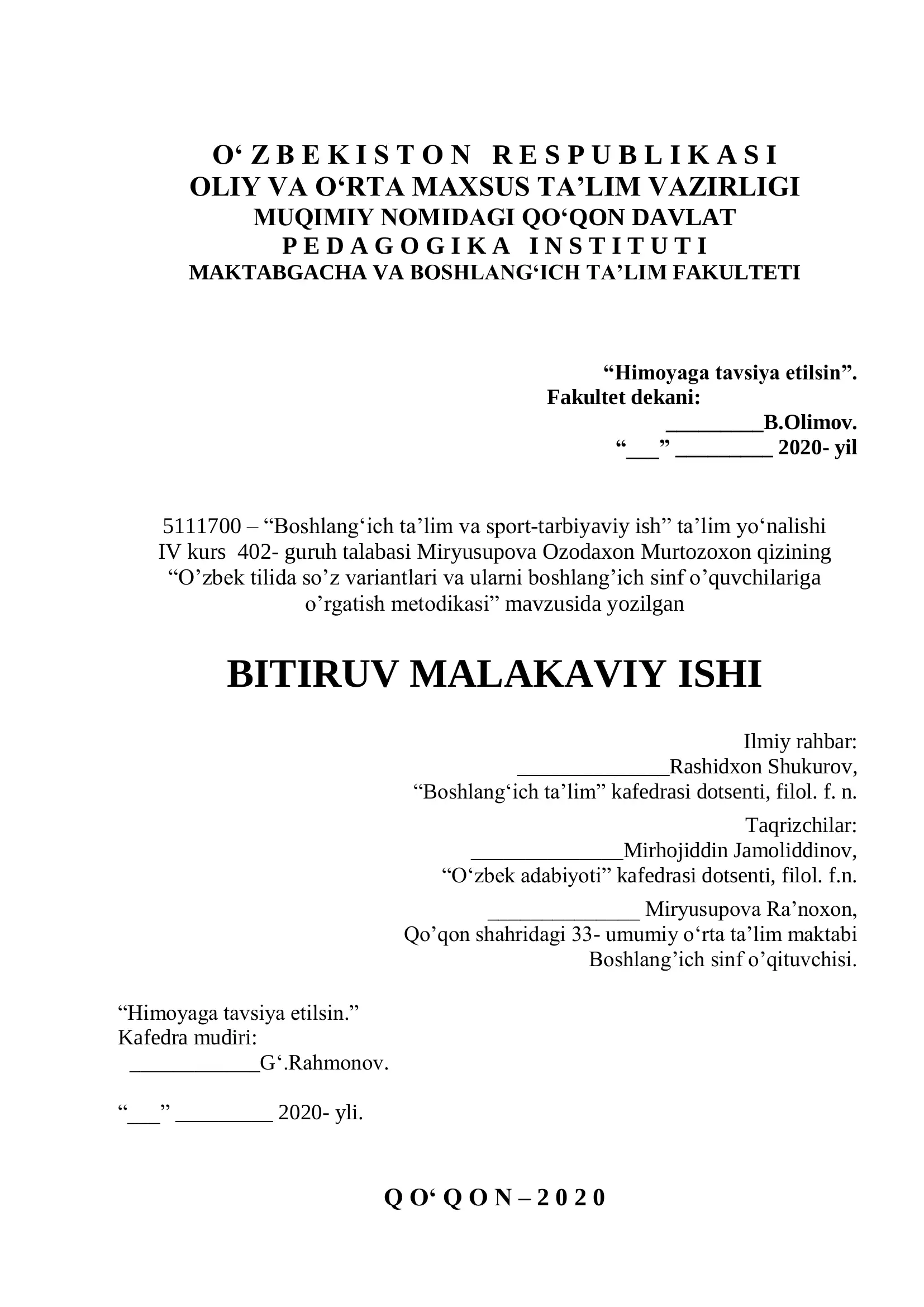 O’zbek tilida so’z variantlari va ularni boshlang’ich sinf o’quvchilariga o’rgatish metodikasi