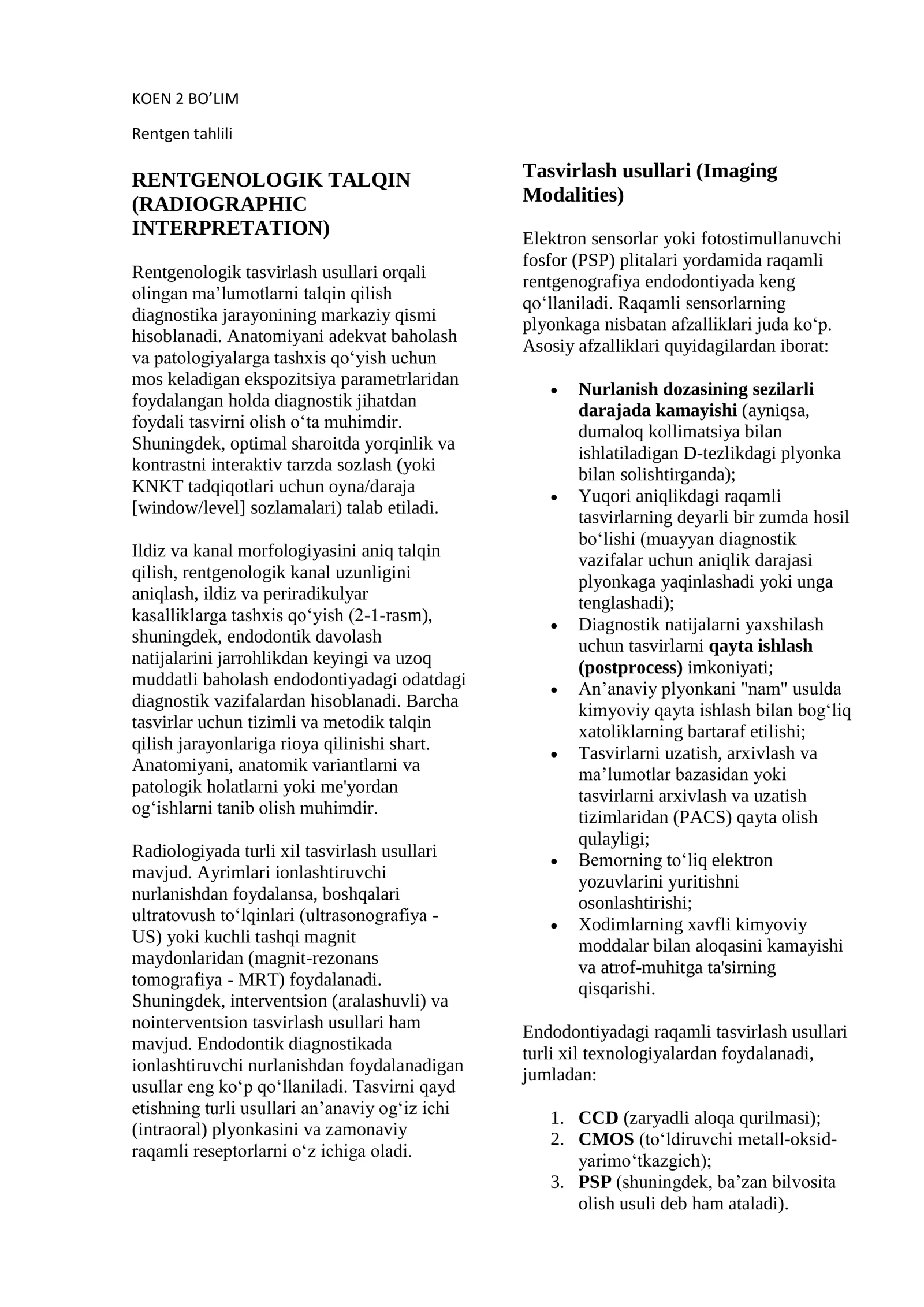 koen 2 bo'lim diagnostika