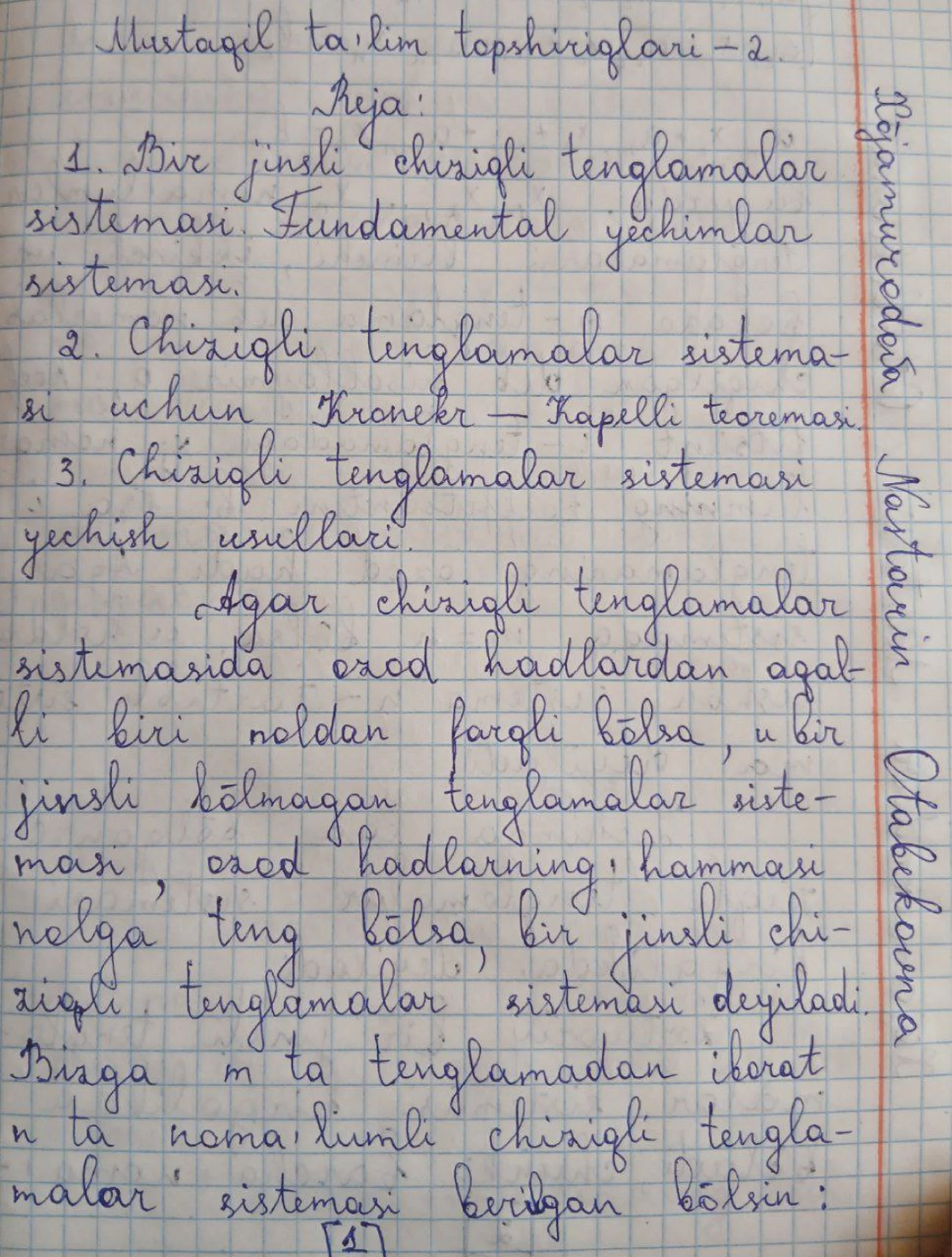 ​Chiziqli algebra va analitik geometriya: Mustaqil ish namunasi