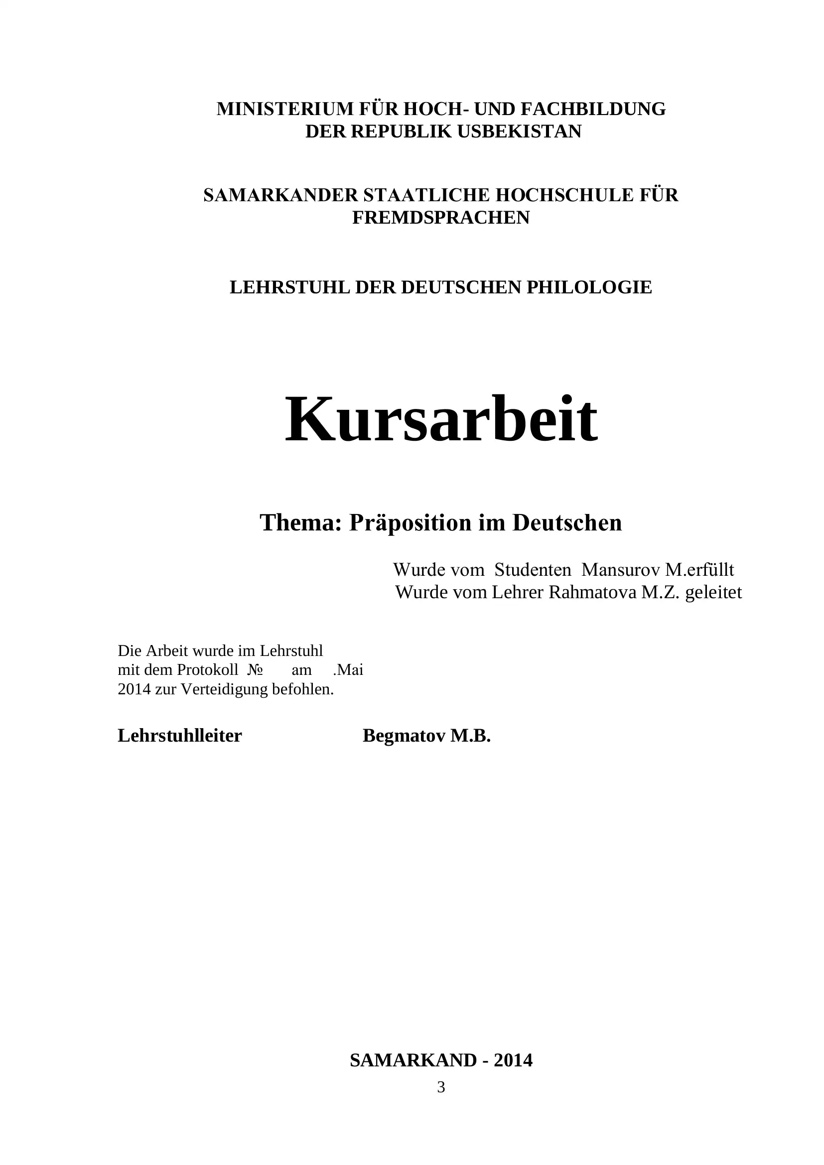 Kursarbeit: Präposition im Deutschen