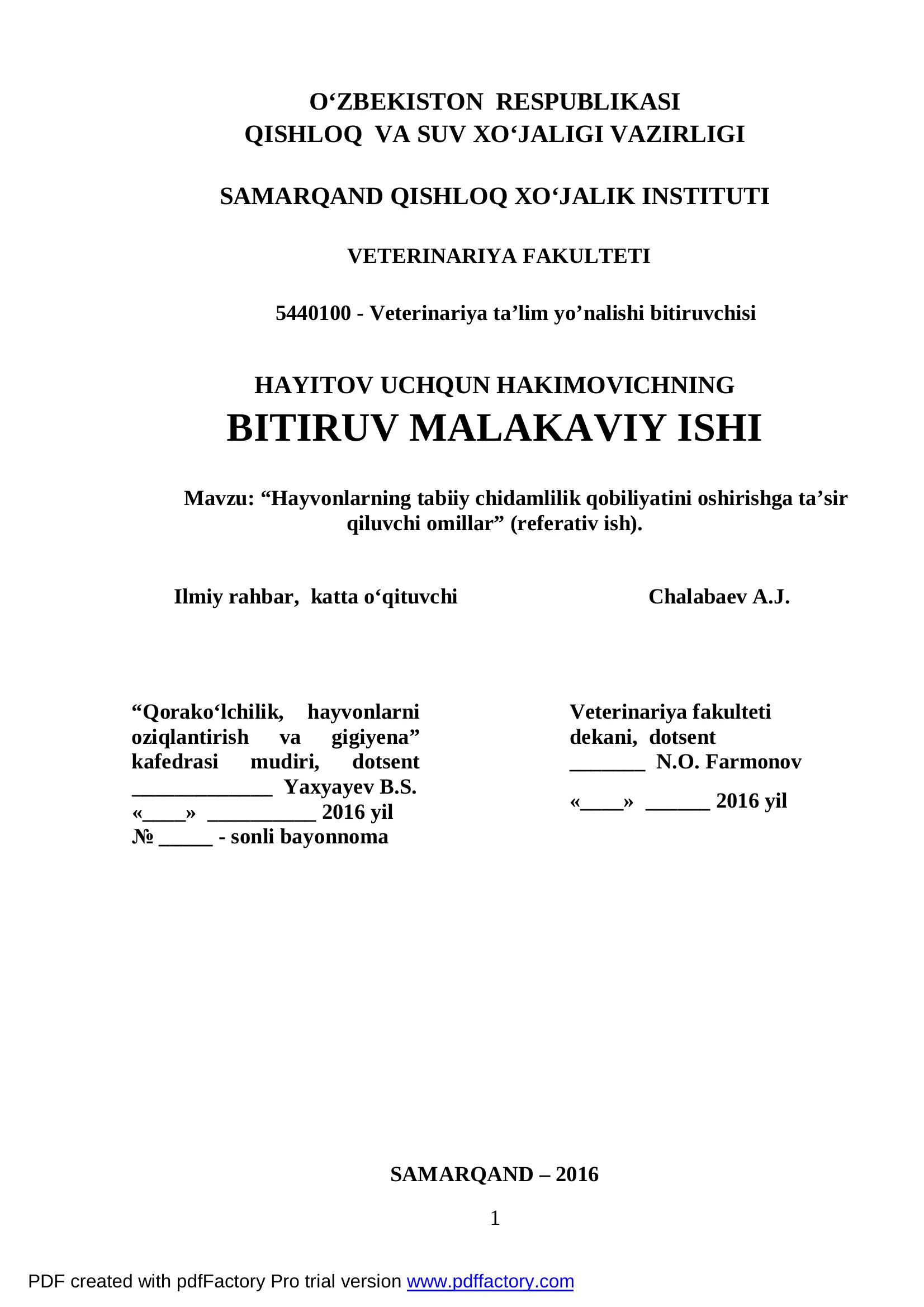 Veterinariya ta’lim yo’nalishi bitiruvchisi