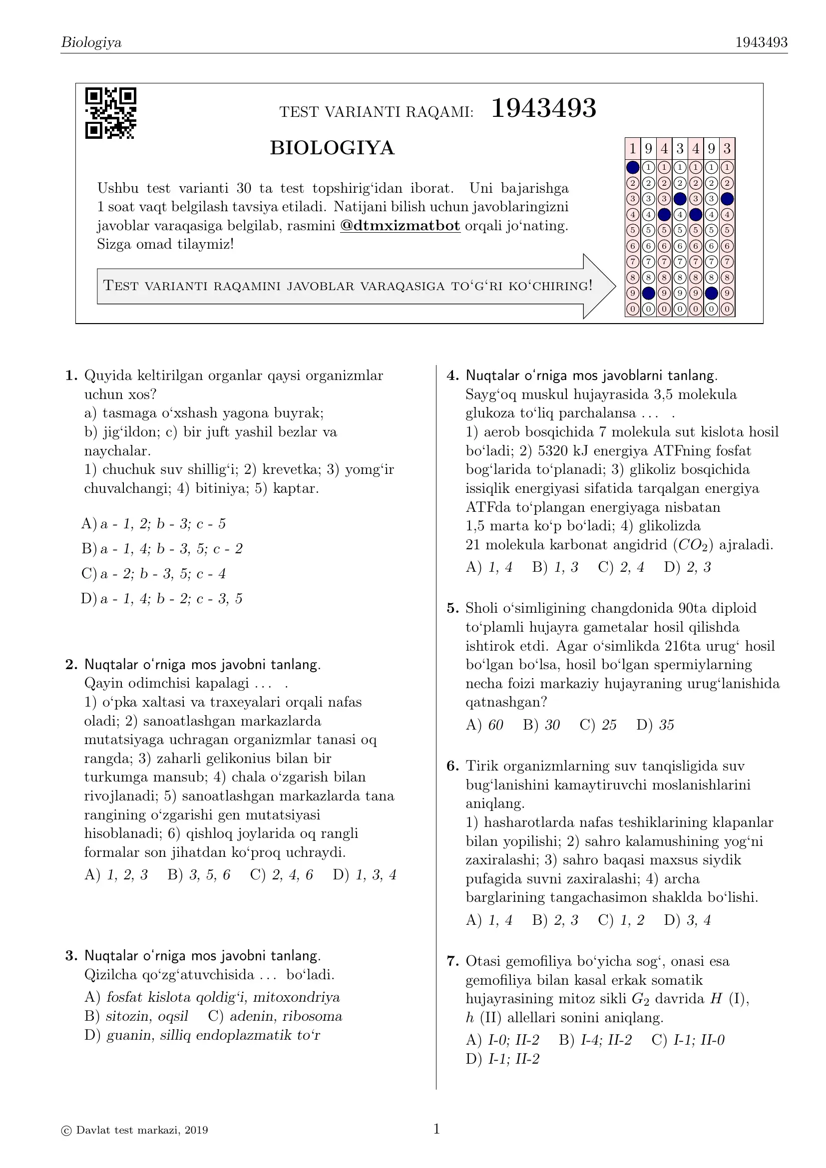 BIOLOGIYA TEST VARIANTI RAQAMI: 1943493