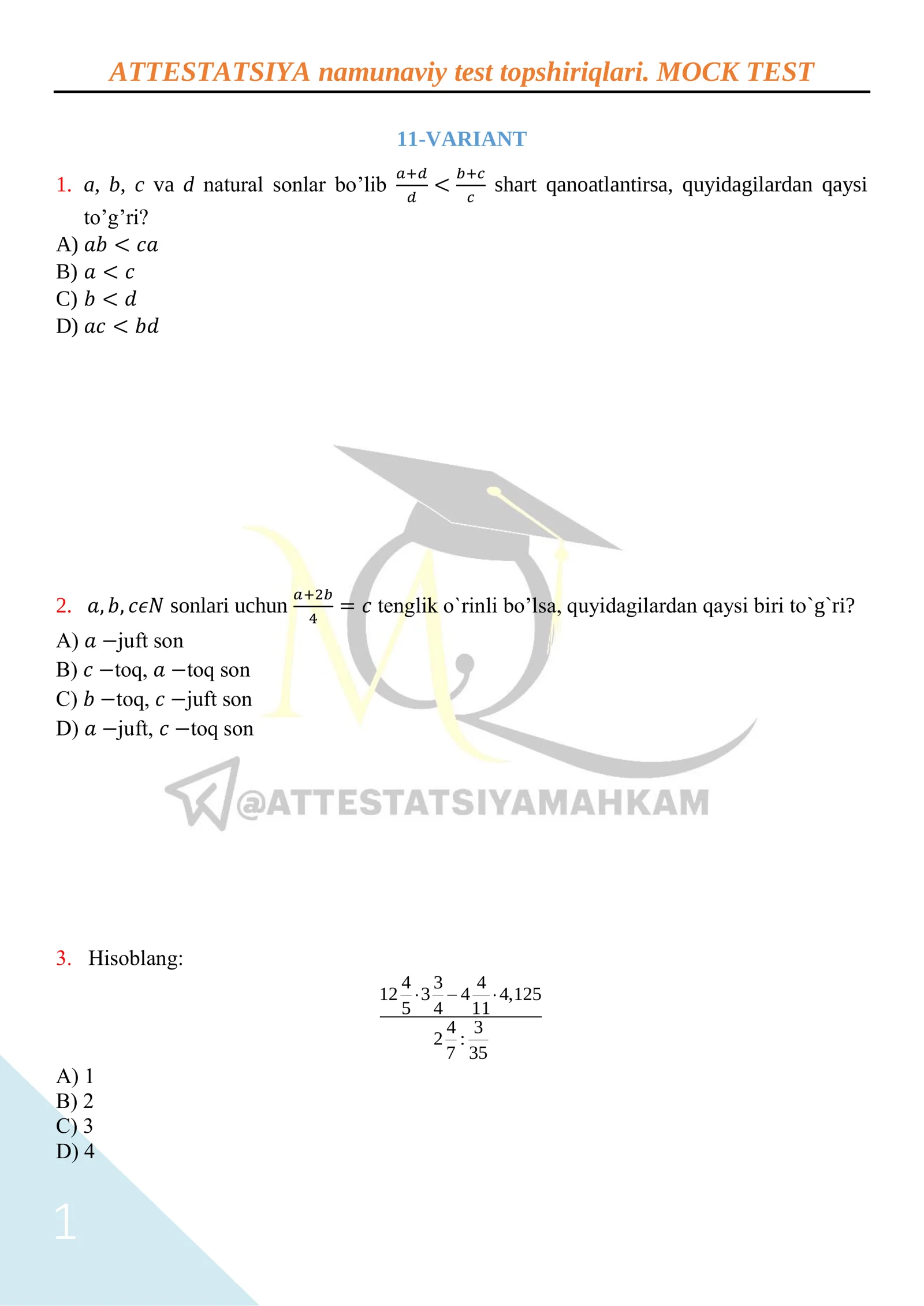 ATTESTATSIYA namunaviy test topshiriqlari