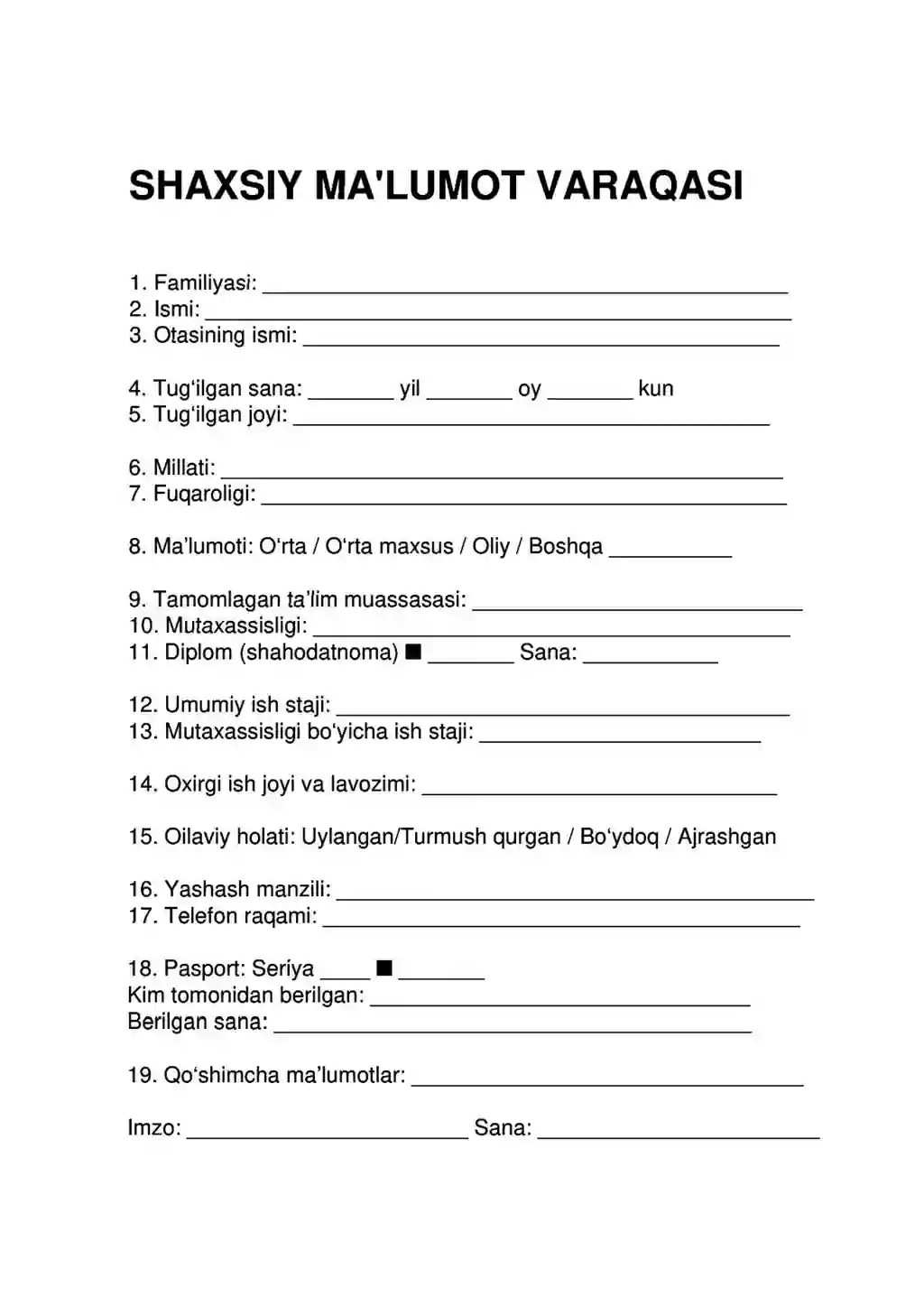 T2 shaxsiy ma'lumot varaqasi