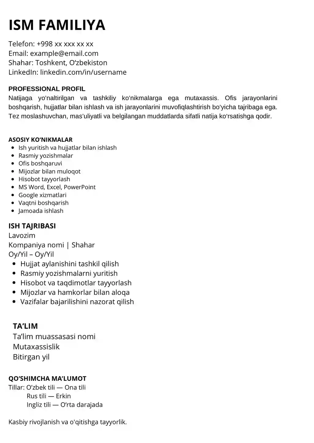 ATS Office CV Template (O’zbekcha)